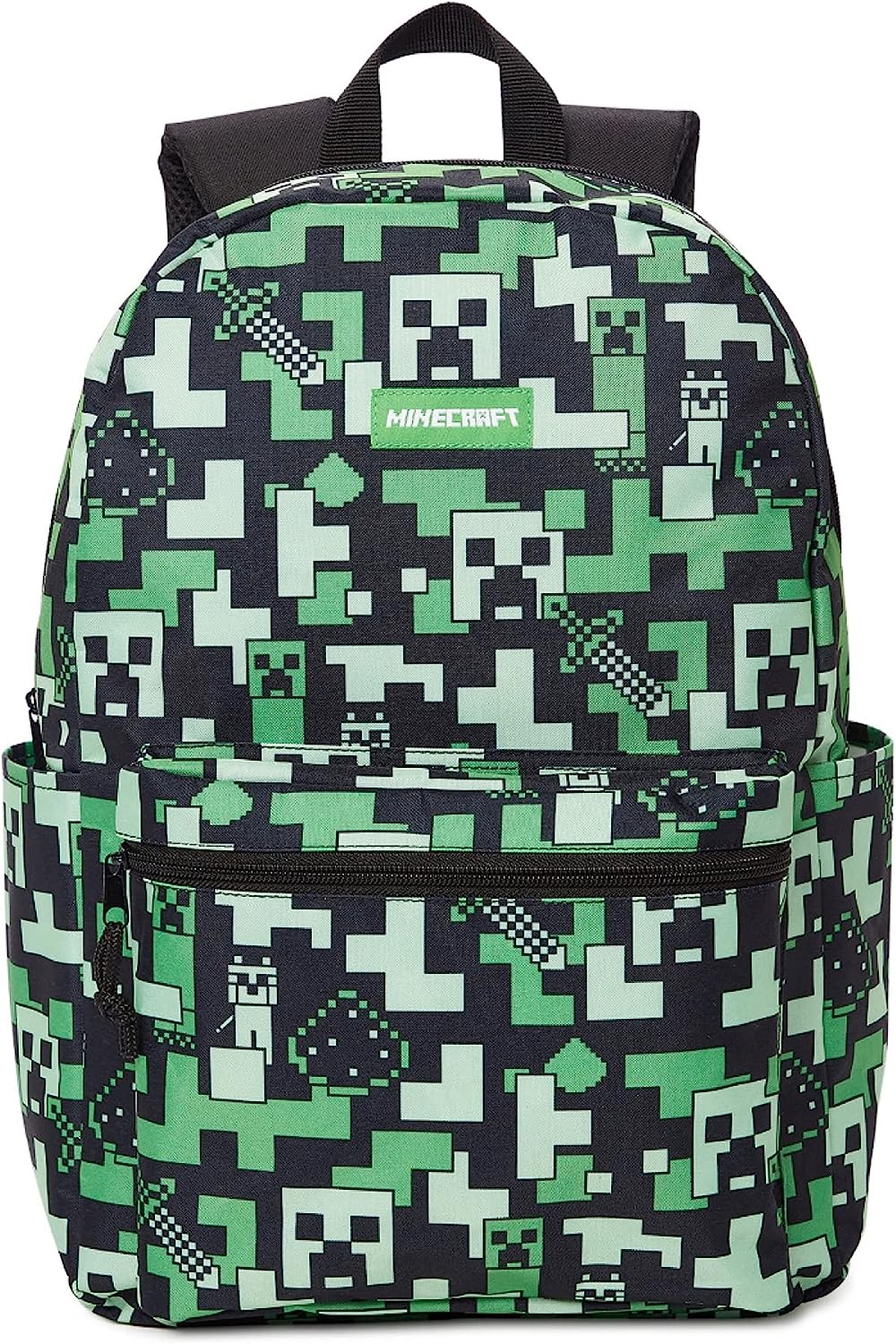 Minecraft Kids Teen School Backpack 16” Creeper Print Black Rucksack w/ Zipper