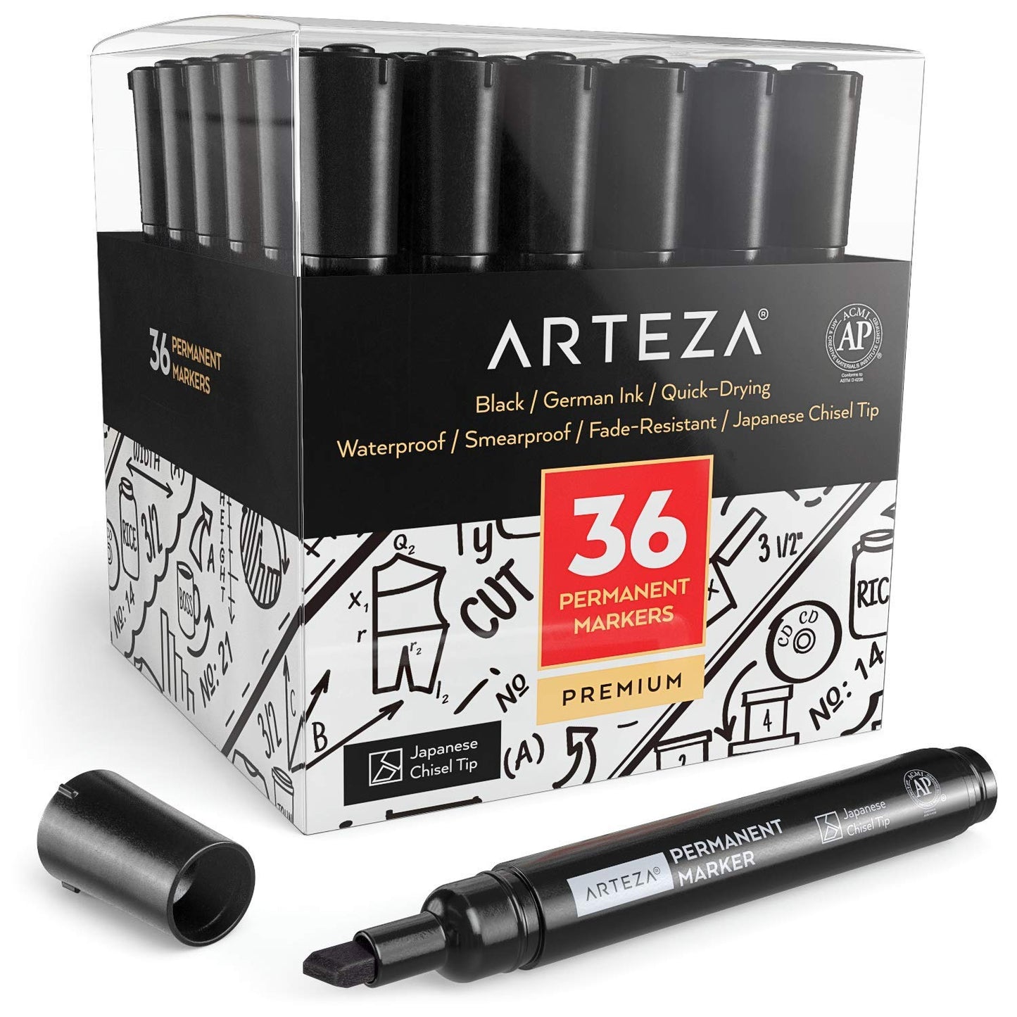 Arteza Permanent Markers, Black, Chisel Tip - Pack of 36