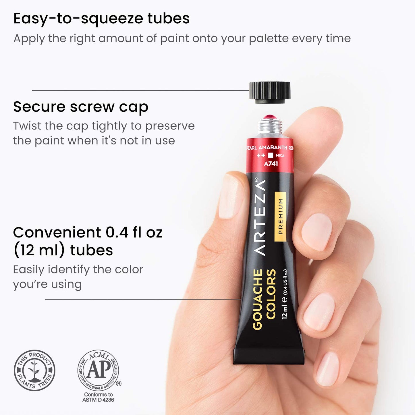 Arteza Metallic Gouache Paint, 12ml Tubes - Set of 36