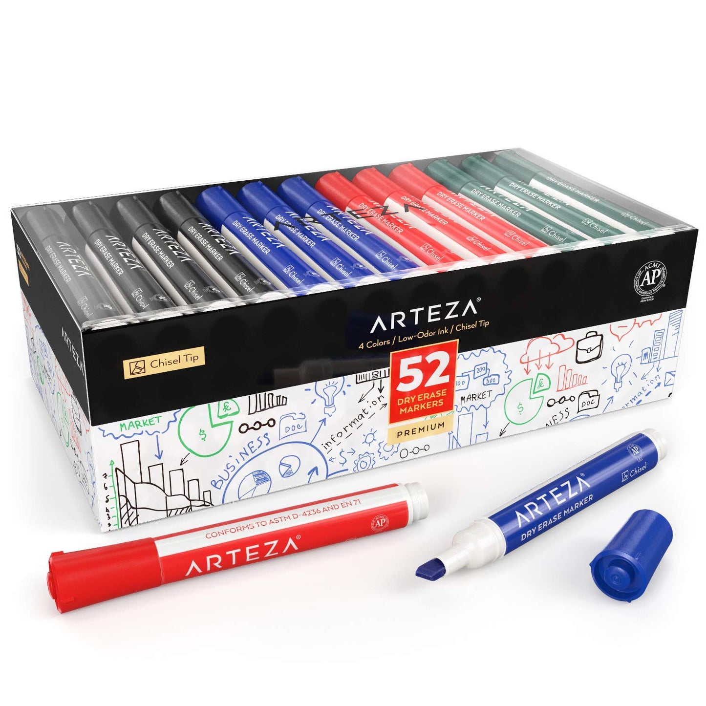 Arteza Dry Erase Markers, 4 Assorted Colors, Chisel Tip - Set of 52