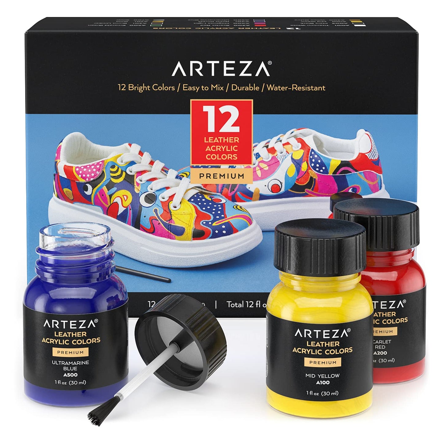 Arteza Acrylic Leather Paint, Set of 12 1-oz Bottles