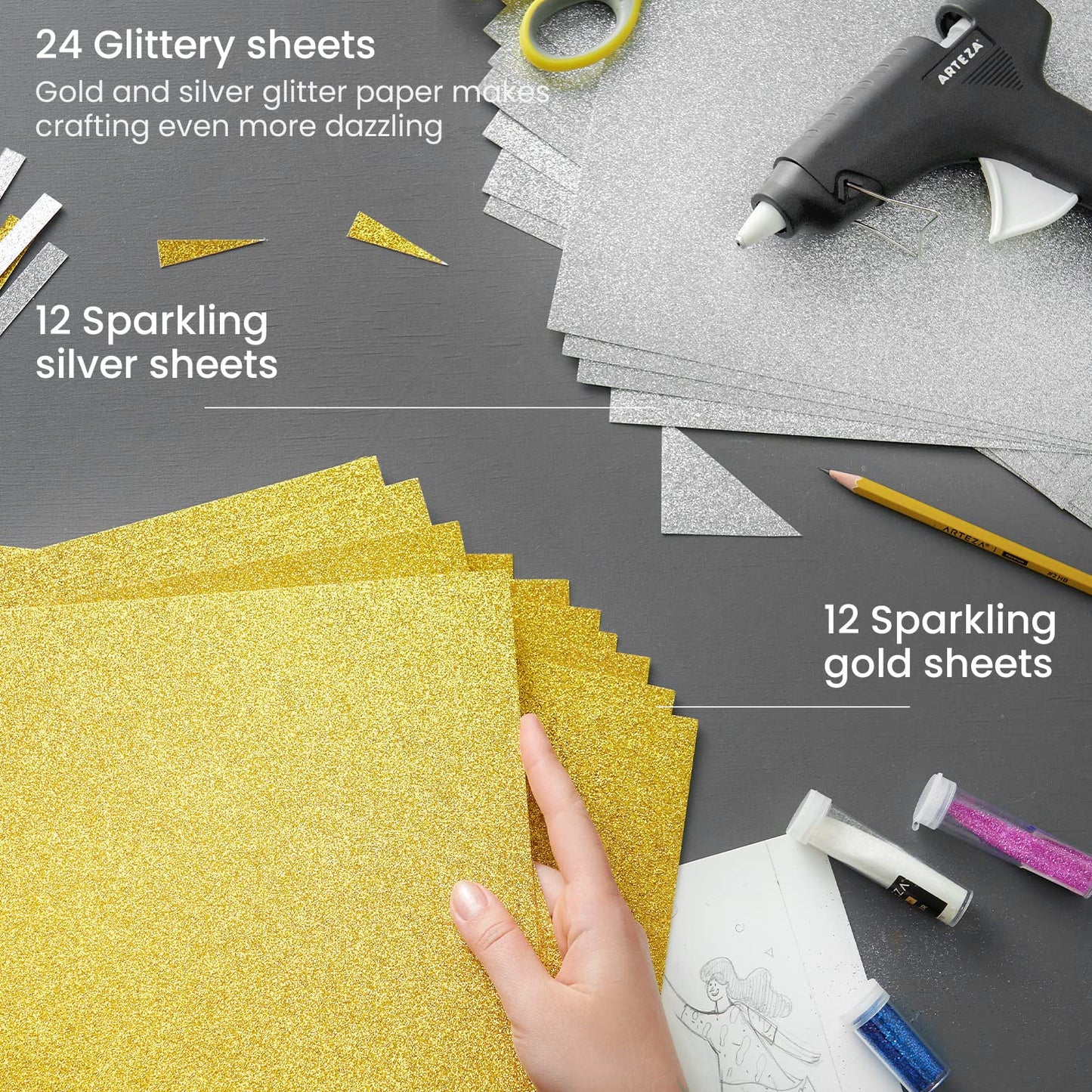 Arteza Glitter Paper, Gold & Silver, 12" x 12" - 24 Sheets