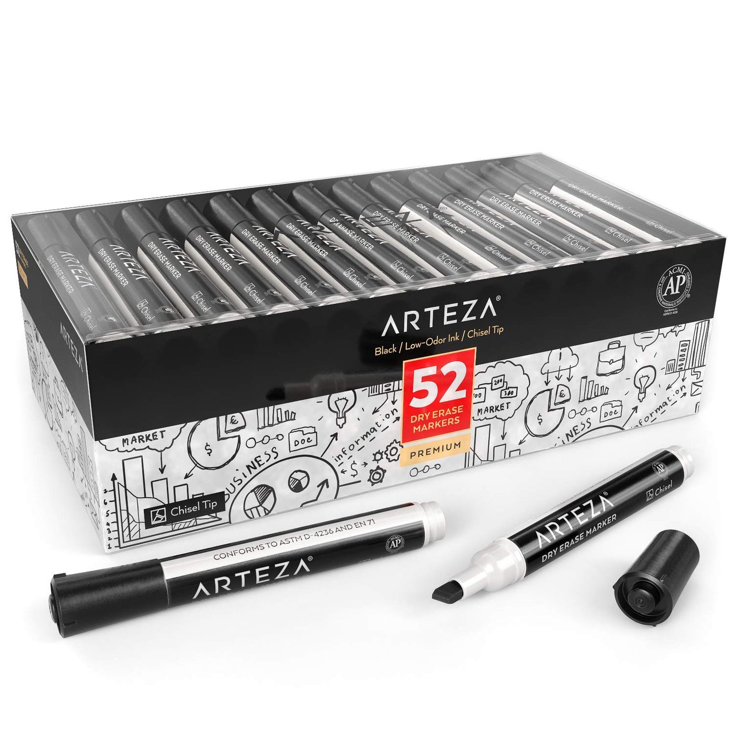Arteza Dry Erase Markers, Black, Chisel Tip - Pack of 52
