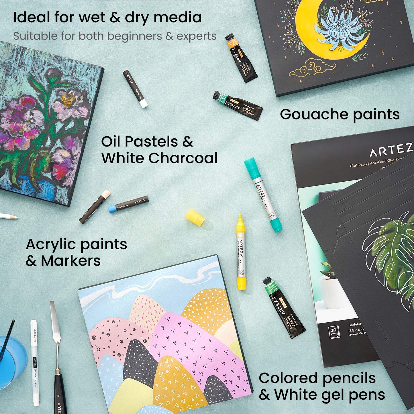 Arteza DIY Foldable Canvas Frame, Black, Mixed Media, 9.5" x 9.5" - 20 Sheets