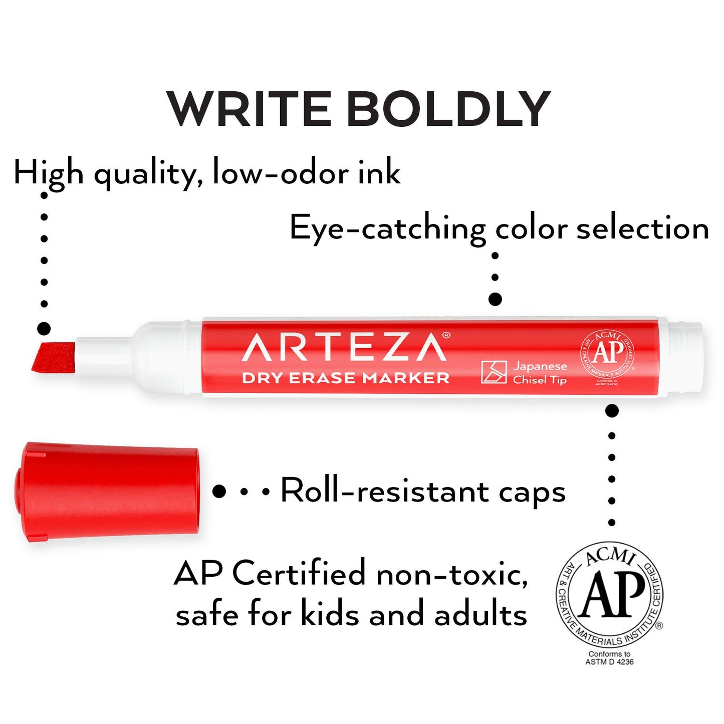 Arteza Dry Erase Markers, 4 Assorted Colors, Chisel Tip - Set of 52