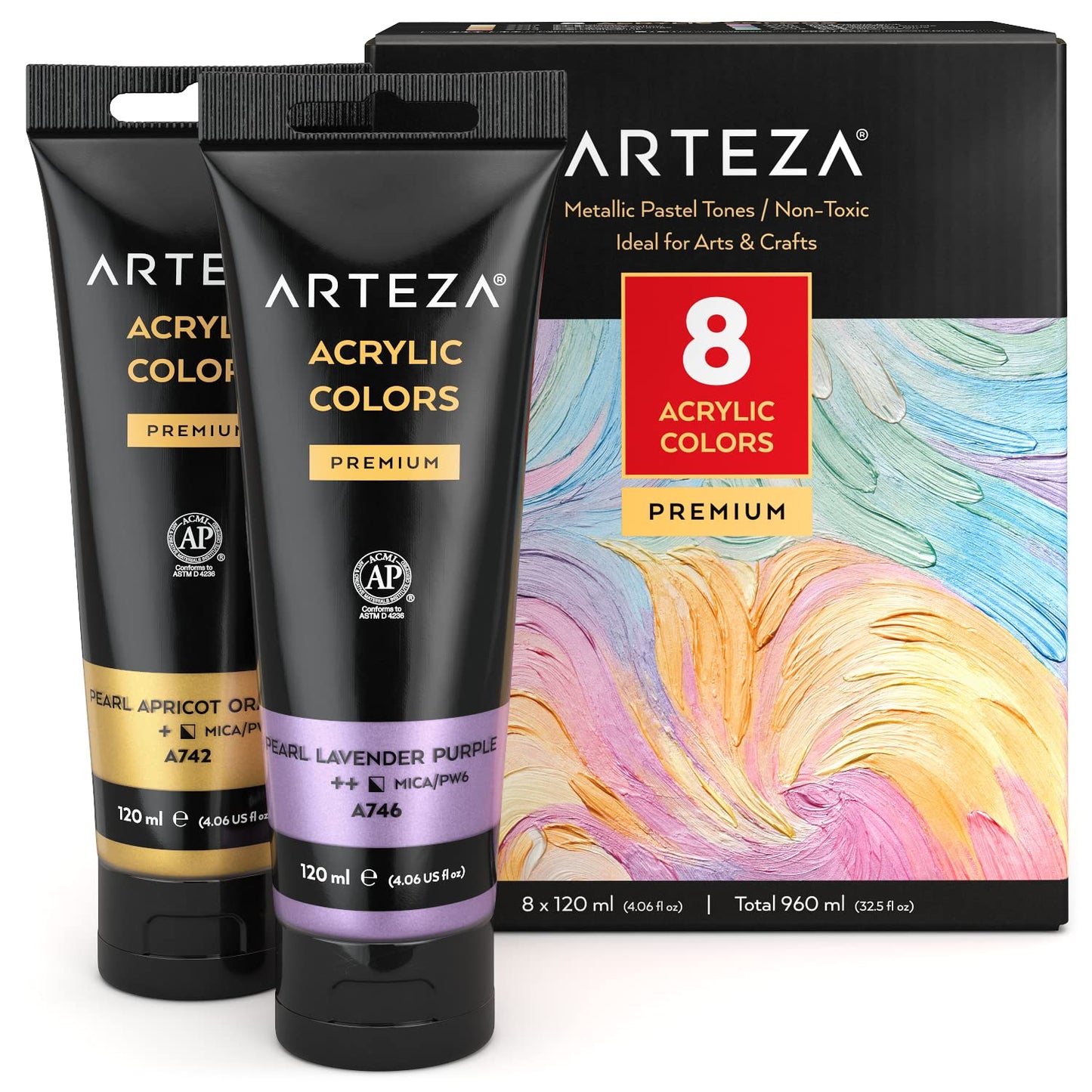 Arteza Metallic Acrylic Paint, Pastel Colors, 4oz Tubes - Set of 8