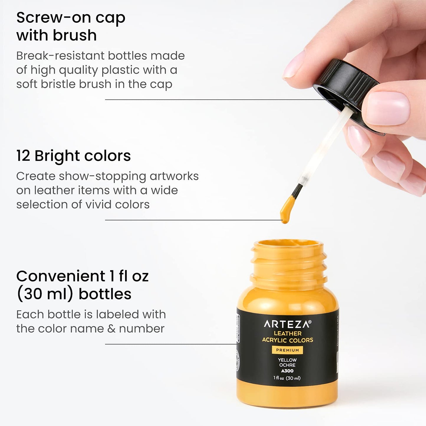 Arteza Acrylic Leather Paint, Set of 12 1-oz Bottles