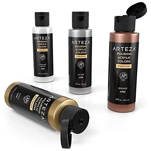 Arteza Pouring Acrylic Paint, Metallic, 4oz Bottles - Set of 4