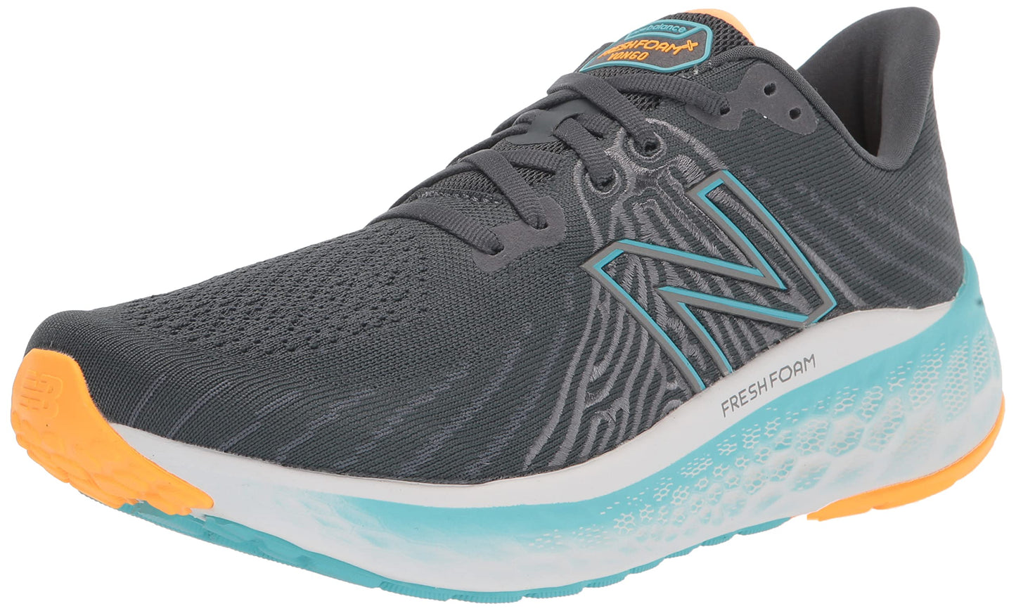 New Balance Men's Fresh Foam X Vongo V5 Running Shoe, Graphite/Summer Aqua/Hot Marigold, 10.5 Wide