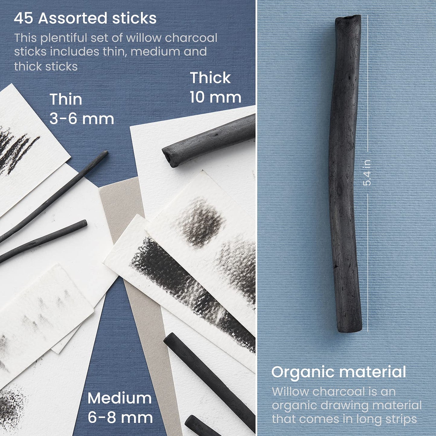 Arteza Willow Charcoal Sticks, Assorted Sizes - Set of 45