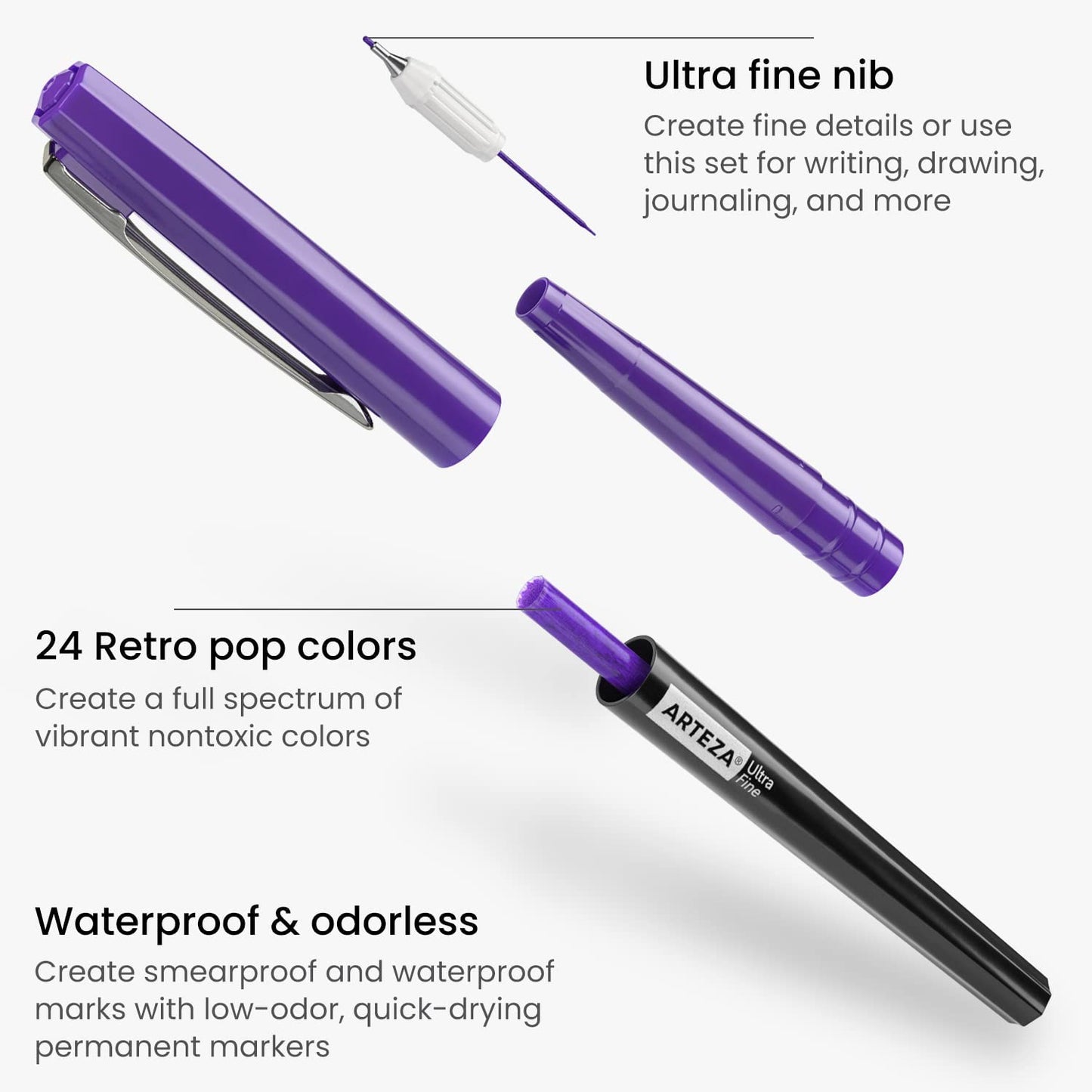 Arteza Permanent Markers, Retro Pop Colors, Ultra Fine Tip - Set of 24