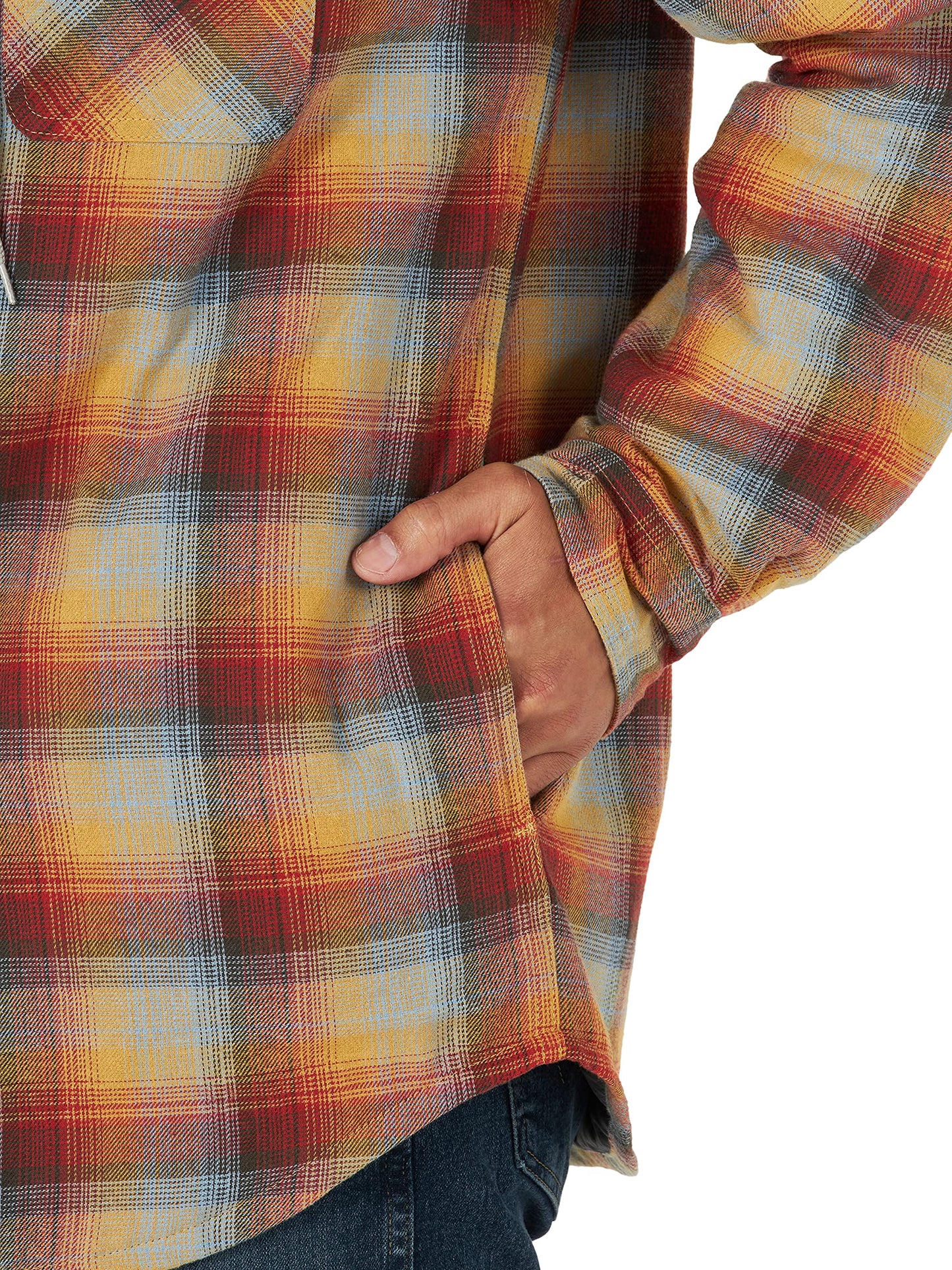 Wrangler Authentics Men's Long Sleeve Quilted Lined Flannel Shirt Jacket with Hood, Red/Yellow, Large