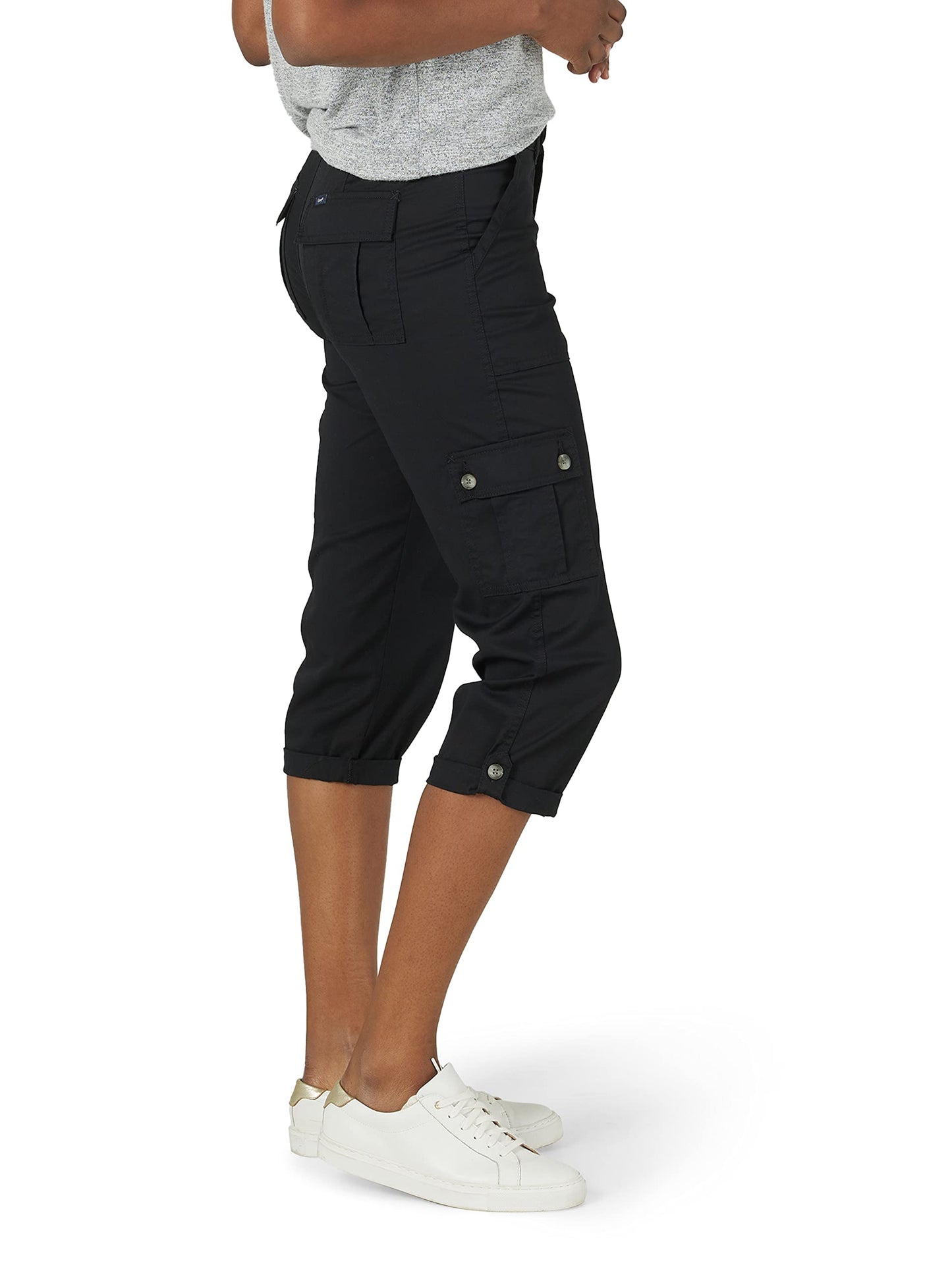 Lee Women's Flex-to-Go Mid-Rise Relaxed Fit Cargo Capri Pant, Black, 14