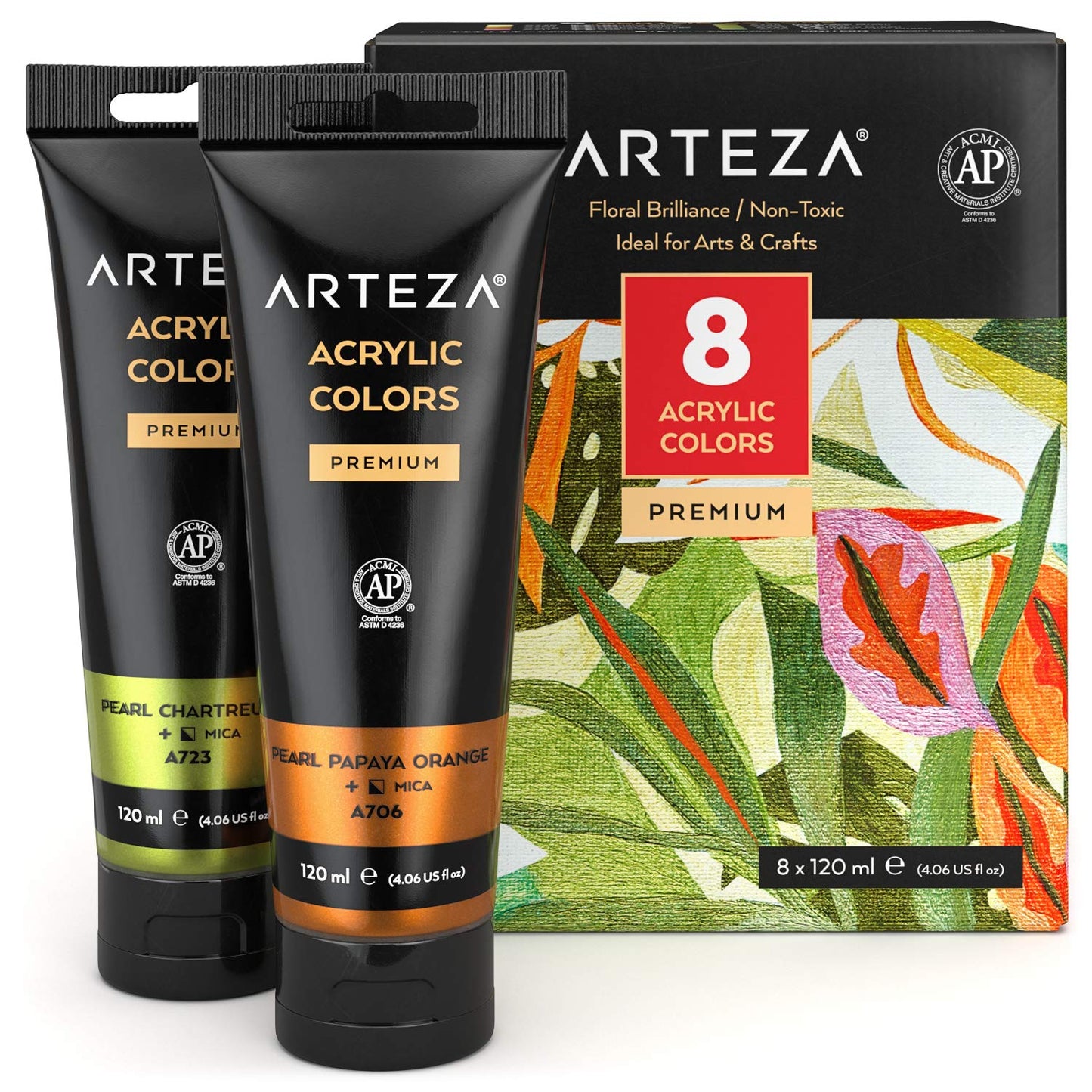 Arteza Metallic Acrylic Paint, Floral Brilliance, 4oz Tubes - Set of 8