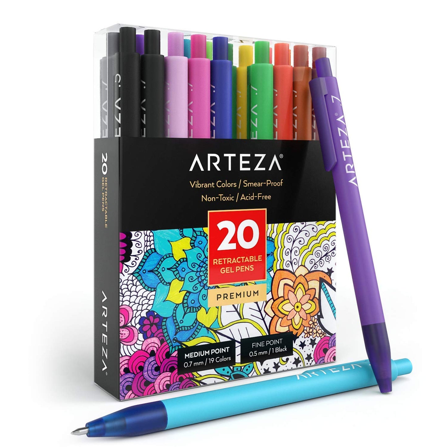 Arteza Retractable Gel Ink Pens, Vibrant Colors - Set of 20