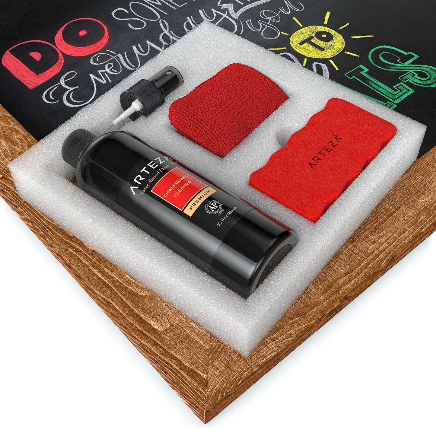 Arteza Chalkboard Cleaner Set with 10-Ounce Spray Bottle Cleaner, 1 Microfiber Fabric Towel & 1 Magnetic Eraser for Chalkboards, Blackboards & Glass Surfaces
