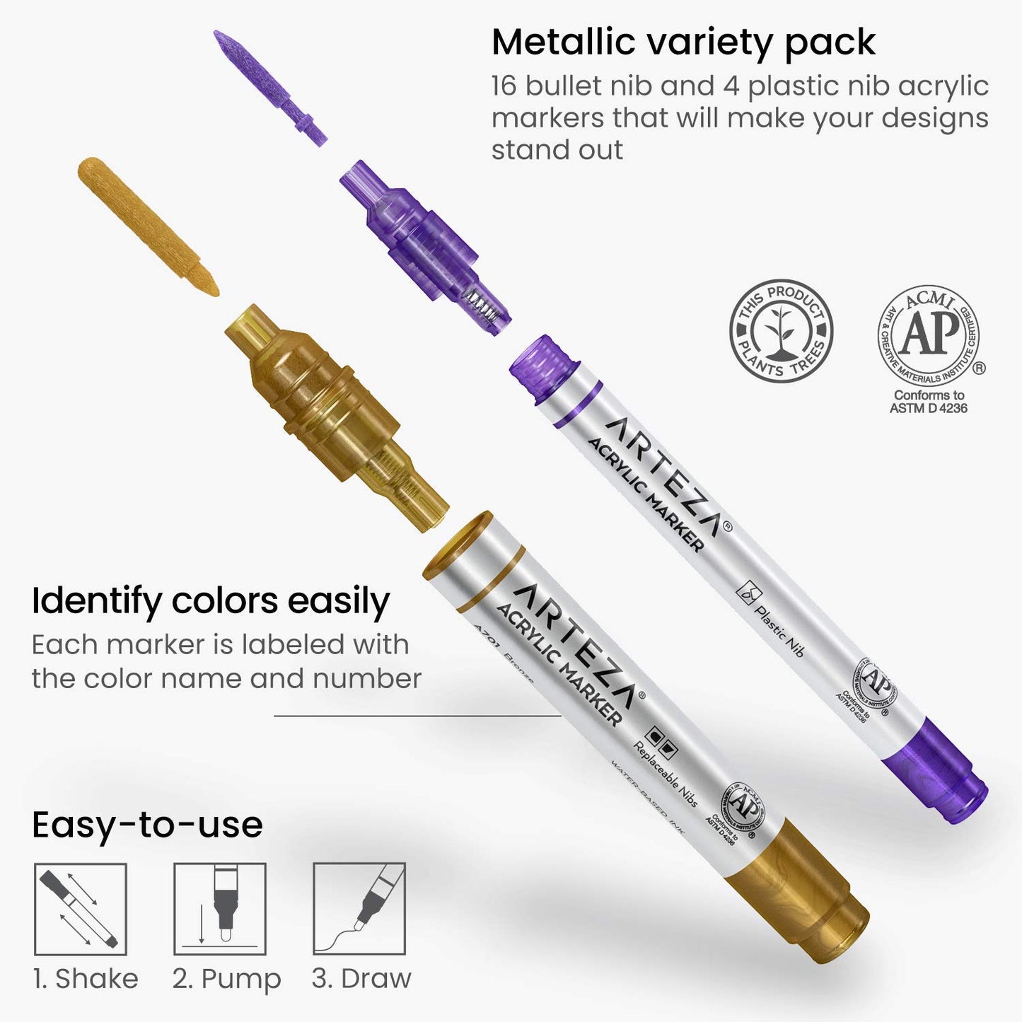 Arteza Acrylic Markers, Metallic - Set of 20
