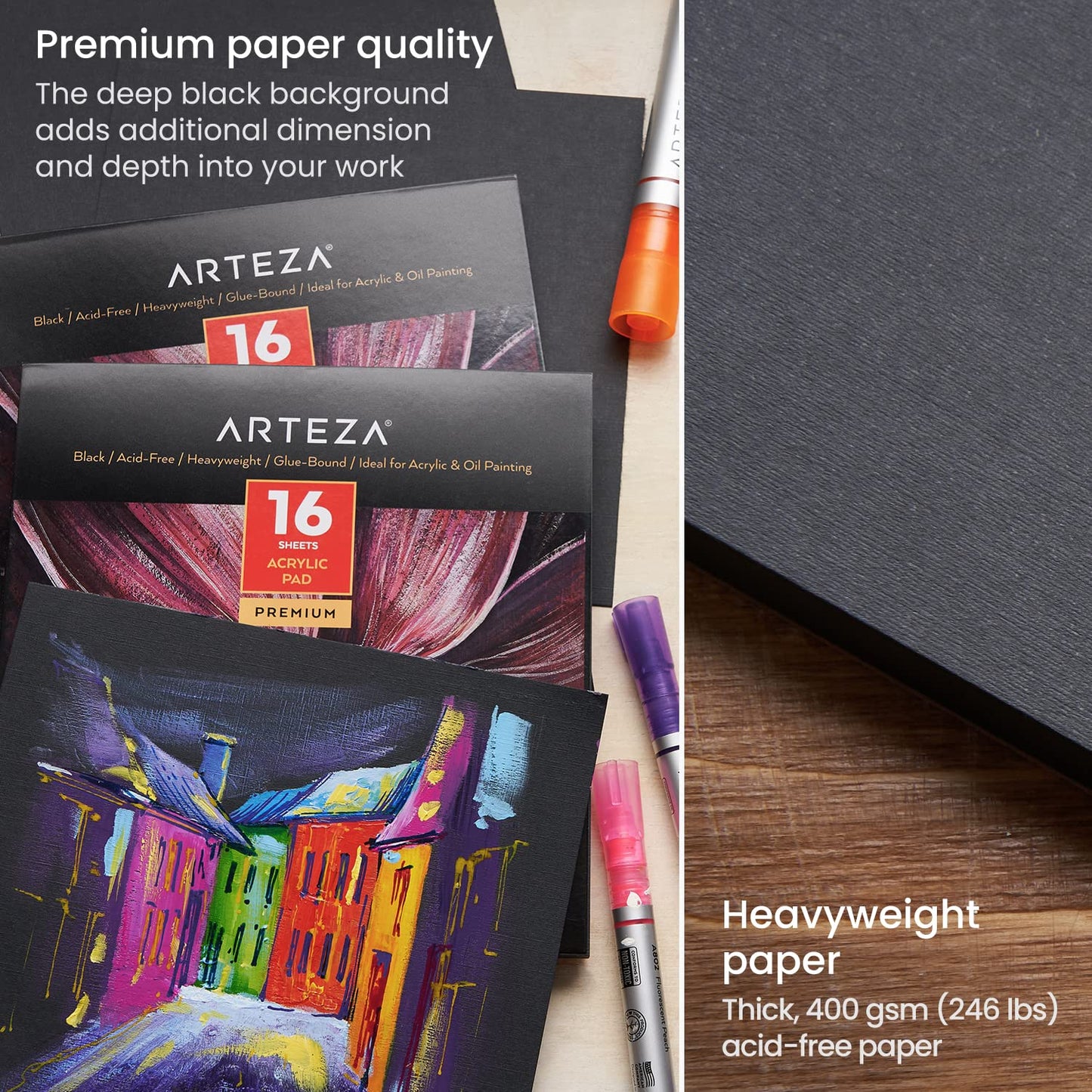 Arteza Acrylic Pad, Black, 6" x 6", 16 Sheets- Pack of 2