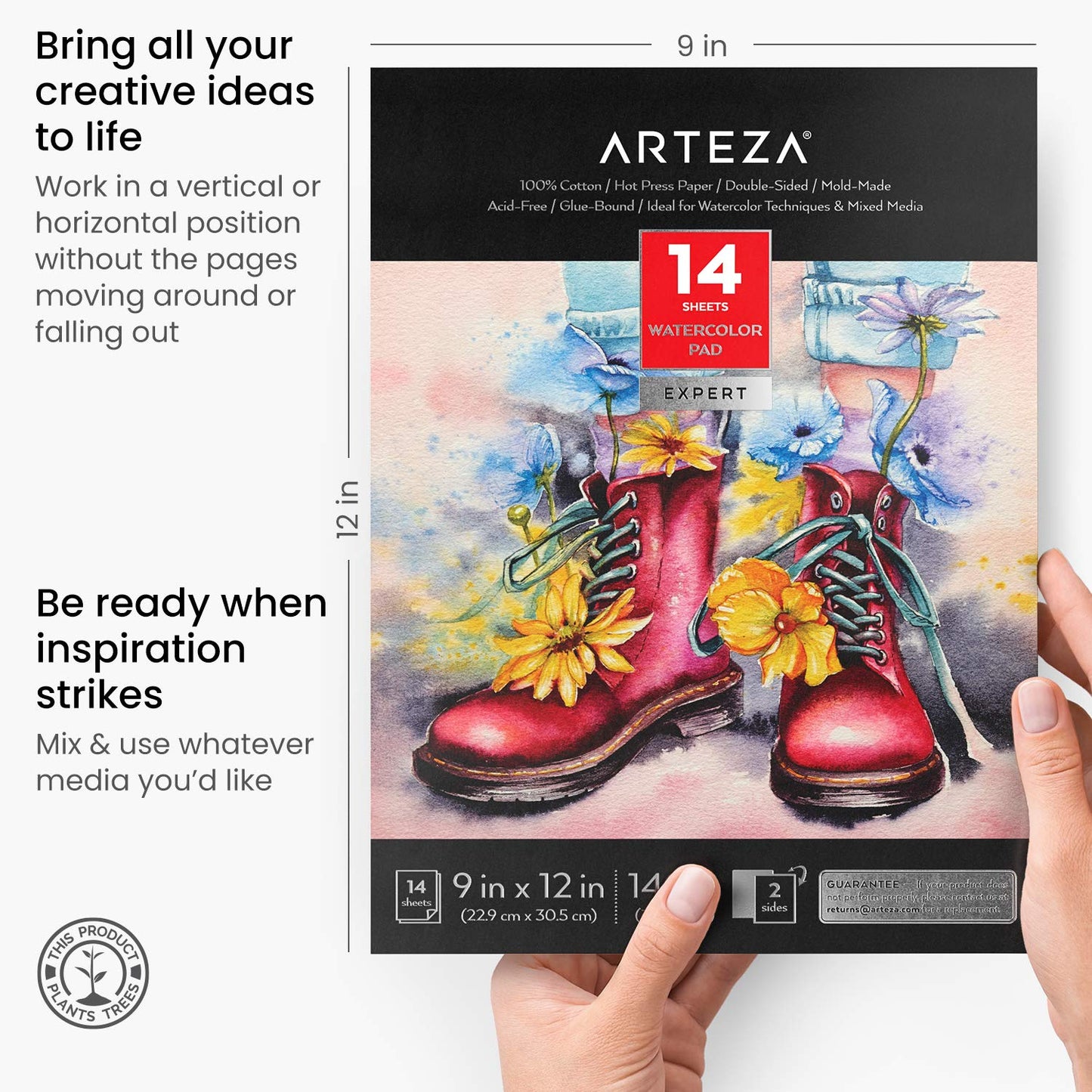 Arteza Expert Watercolor Pad, 100% Cotton, Hot-Pressed, 9" x 12” - 14 sheets