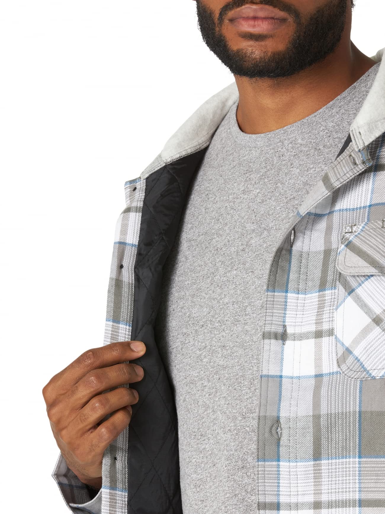 Wrangler Authentics Men's Long Sleeve Quilted Lined Flannel Shirt Jacket with Hood, Gray, Large