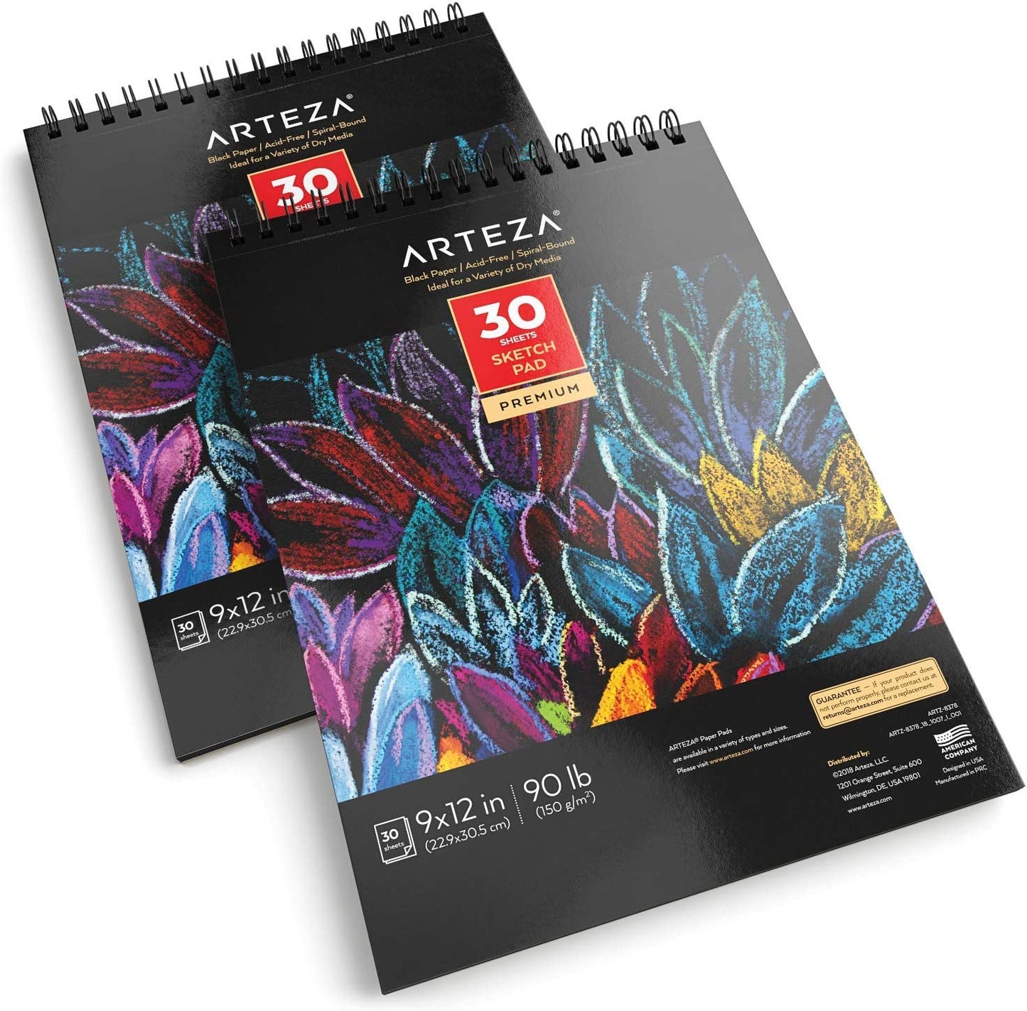 Arteza Black Paper Sketch Pad, 9" x 12", 30 Sheets - Pack of 2