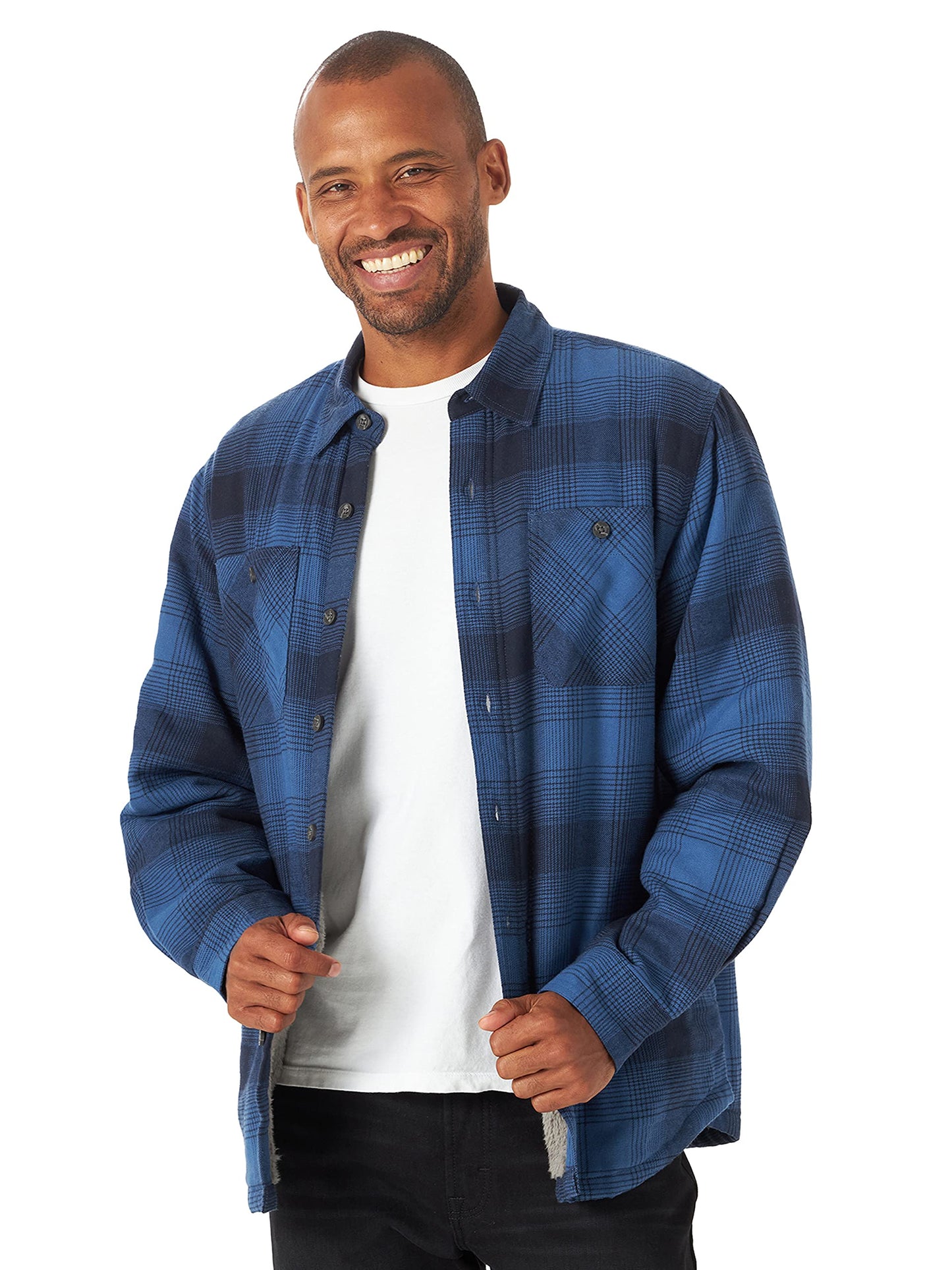 Wrangler Authentics Men's Long Sleeve Sherpa Lined Shirt Jacket, Admiral Blue, Large