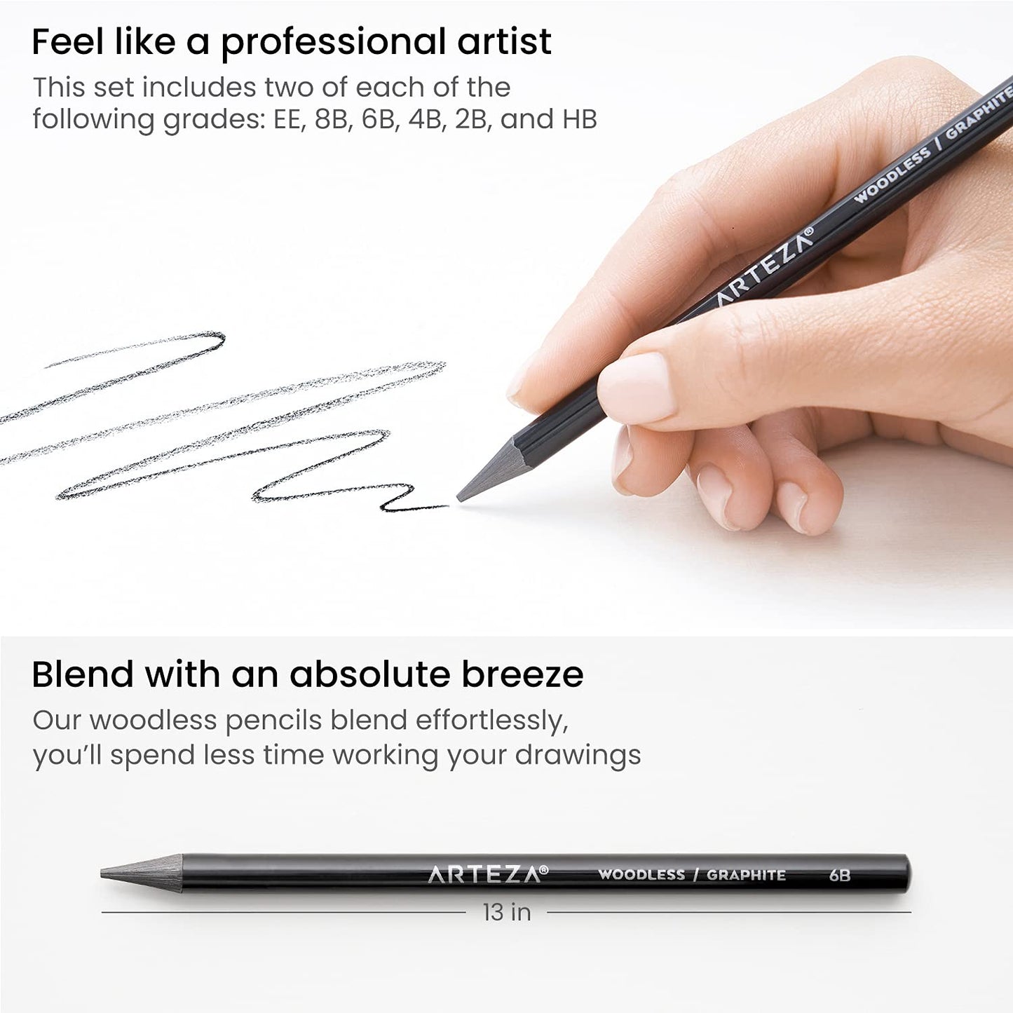 Arteza Woodless Graphite Pencils, Assorted Sizes - Set of 12