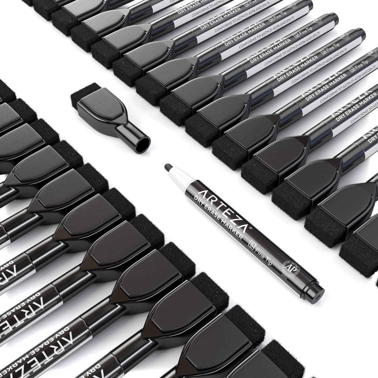 Arteza Dry Erase Markers with Magnetic Eraser Caps, Black, Fine Tip- 36 Pack