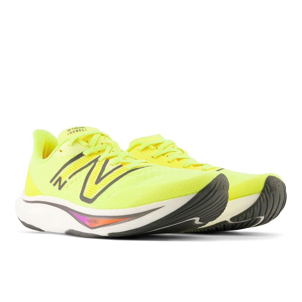New Balance Men's FuelCell Rebel V3 Running Shoe, Cosmic Pineapple/Blacktop/Neon Dragonfly, 10