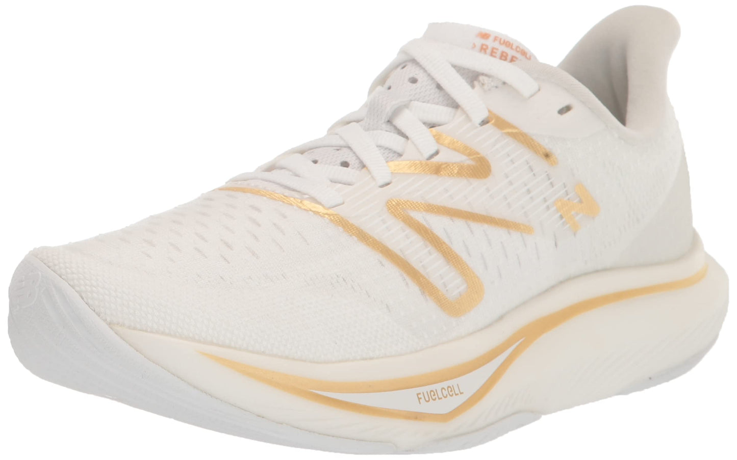New Balance Women's FuelCell Rebel V3 Running Shoe, White/Gold Metallic/Light Gold Metallic, 5.5