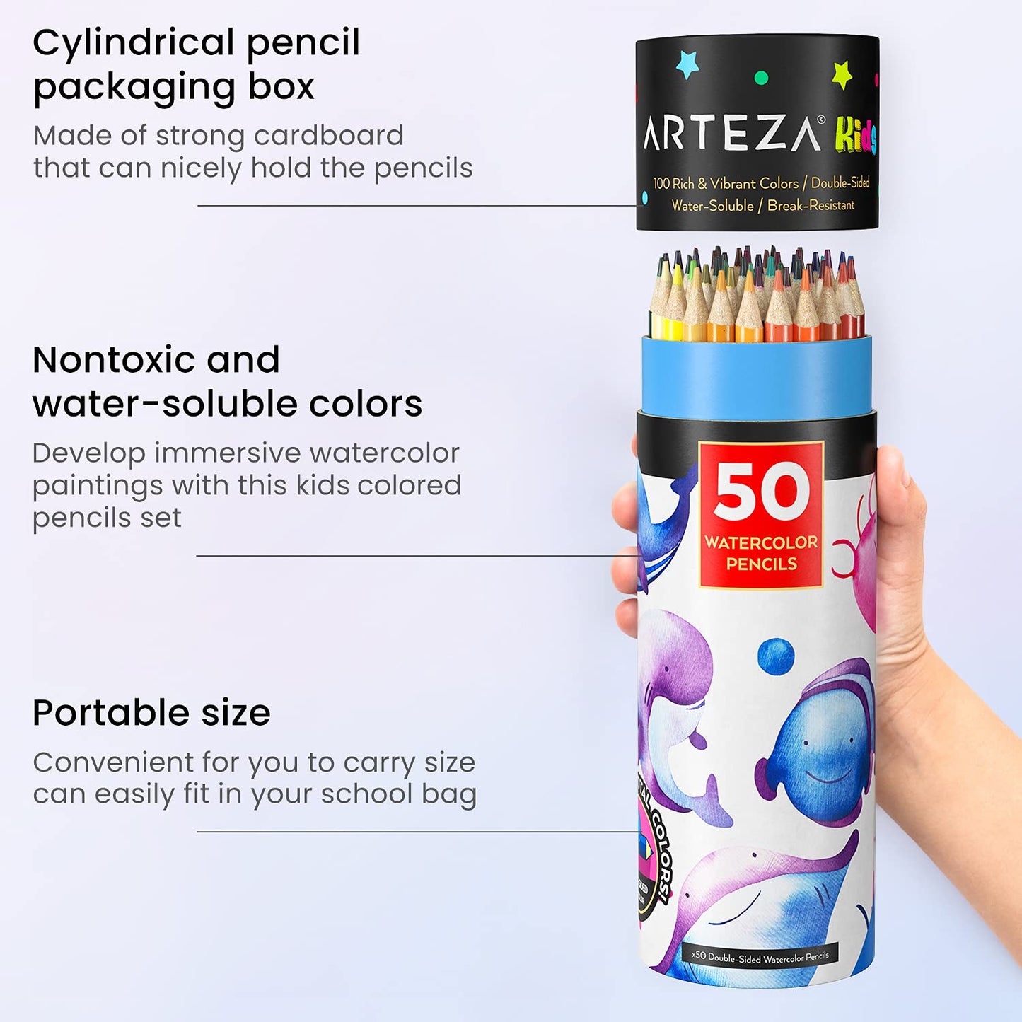 Arteza Kids Watercolor Pencils with Watercolor Brush, Double Sided -Set of 50