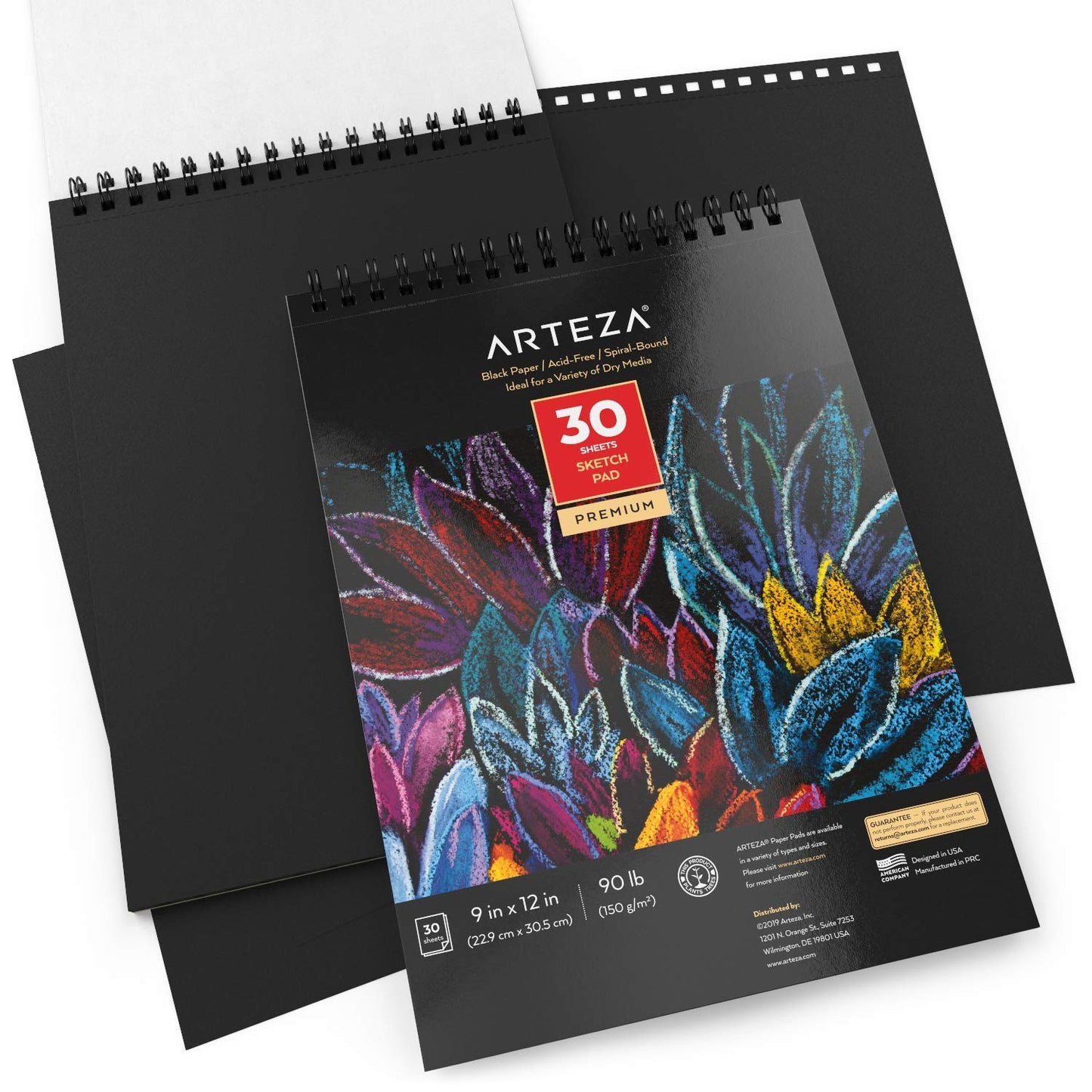 Arteza Black Paper Sketch Pad, 9" x 12", 30 Sheets - Pack of 2