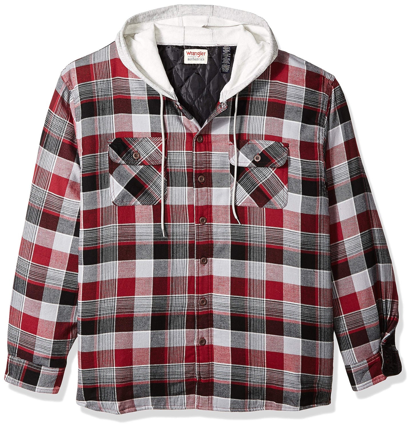 Wrangler Authentics Men's Long Sleeve Quilted Lined Flannel Shirt Jacket with Hood, Biking Red, XX-Large