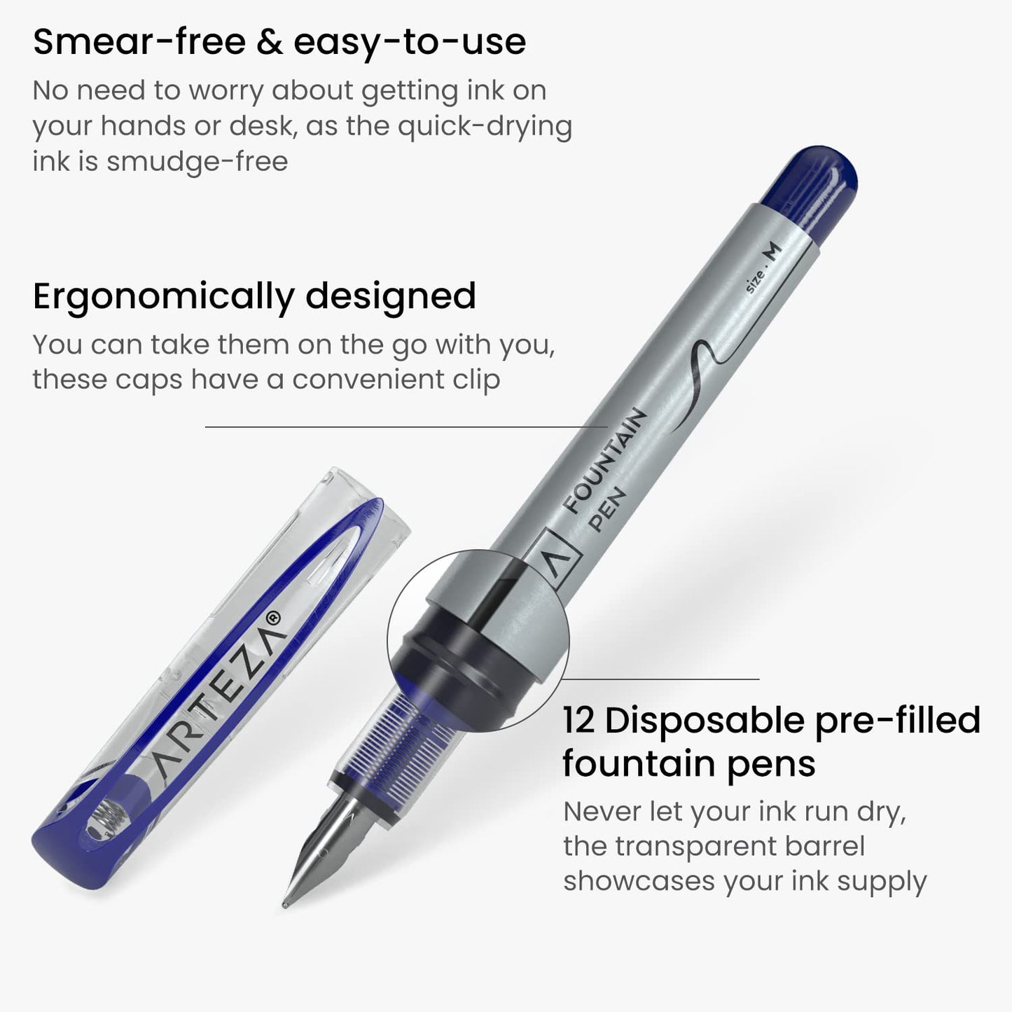 Arteza Fountain Pens, Blue, Medium Nib - 12 Pack