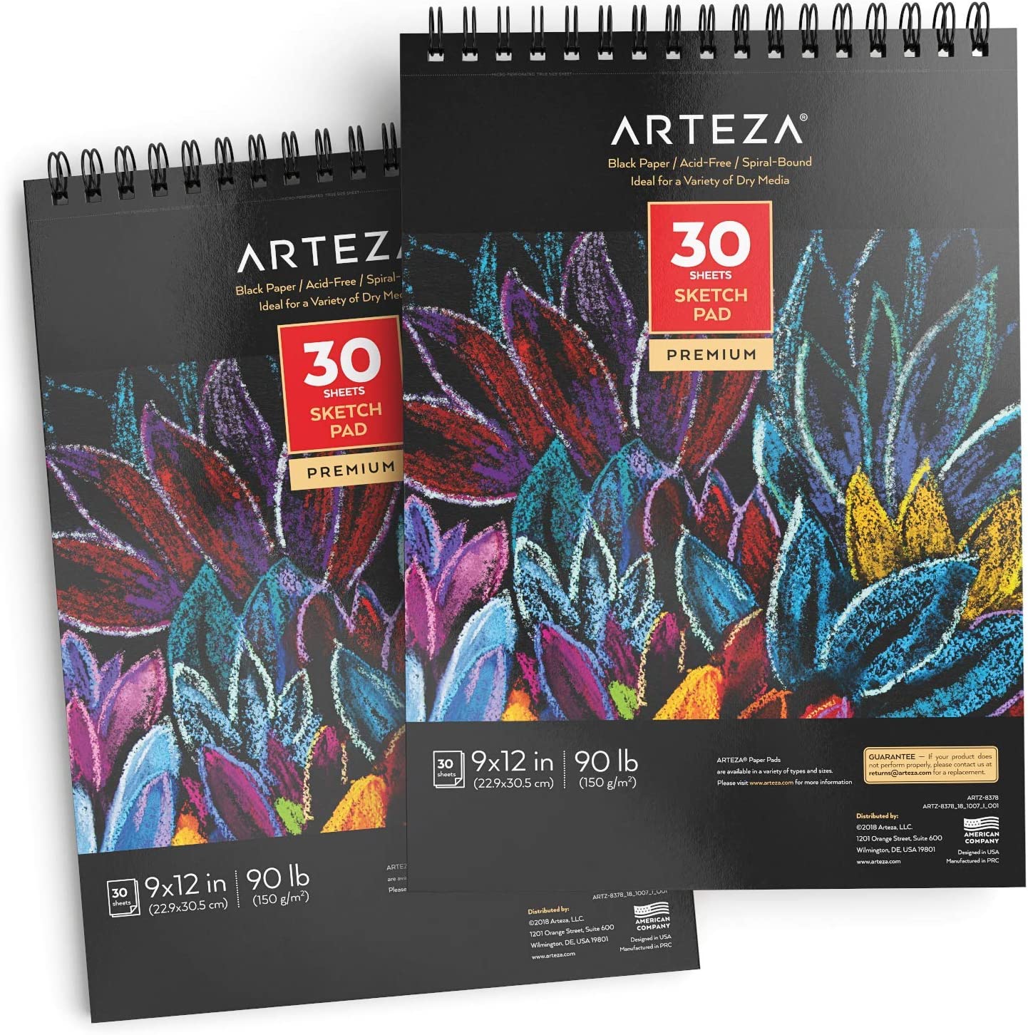 Arteza Black Paper Sketch Pad, 9" x 12", 30 Sheets - Pack of 2