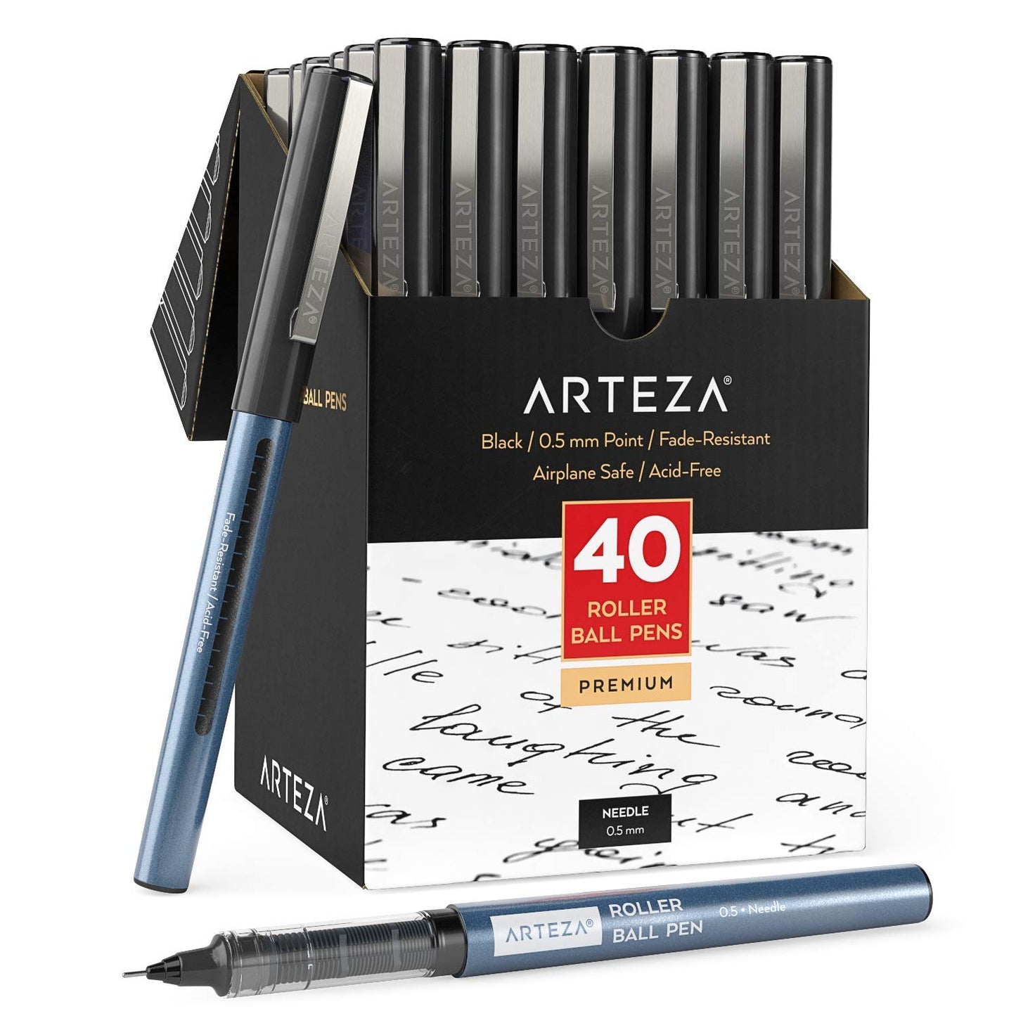 Arteza Roller Ball Pens, Black, 0.5mm Nib - 40 Pack