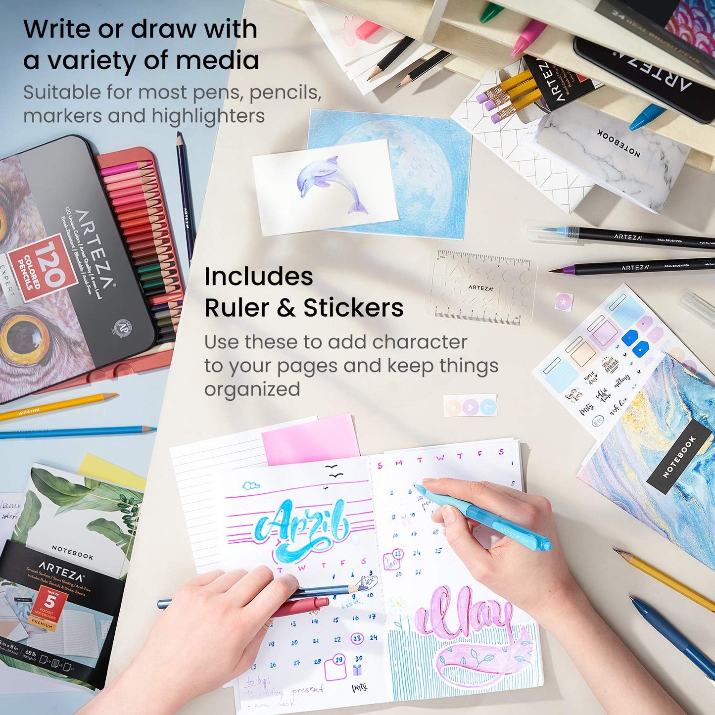 Arteza Pocket Notebooks, 40 Sheets, 5" x 8”- Set of 5