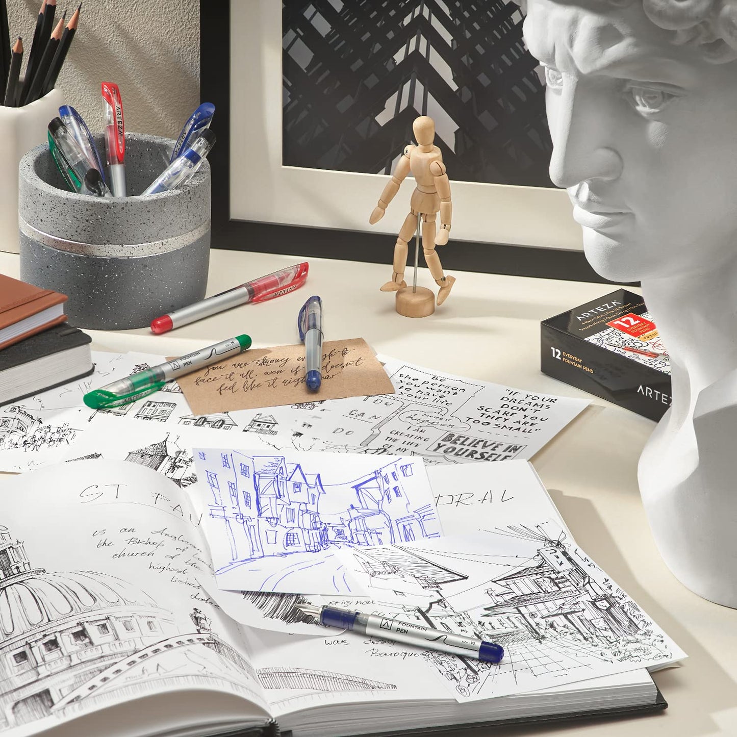 Arteza Fountain Pens, Blue, Medium Nib - 12 Pack