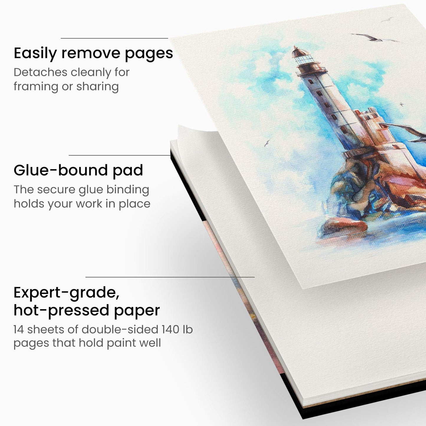 Arteza Expert Watercolor Pad, 100% Cotton, Hot-Pressed, 9" x 12” - 14 sheets