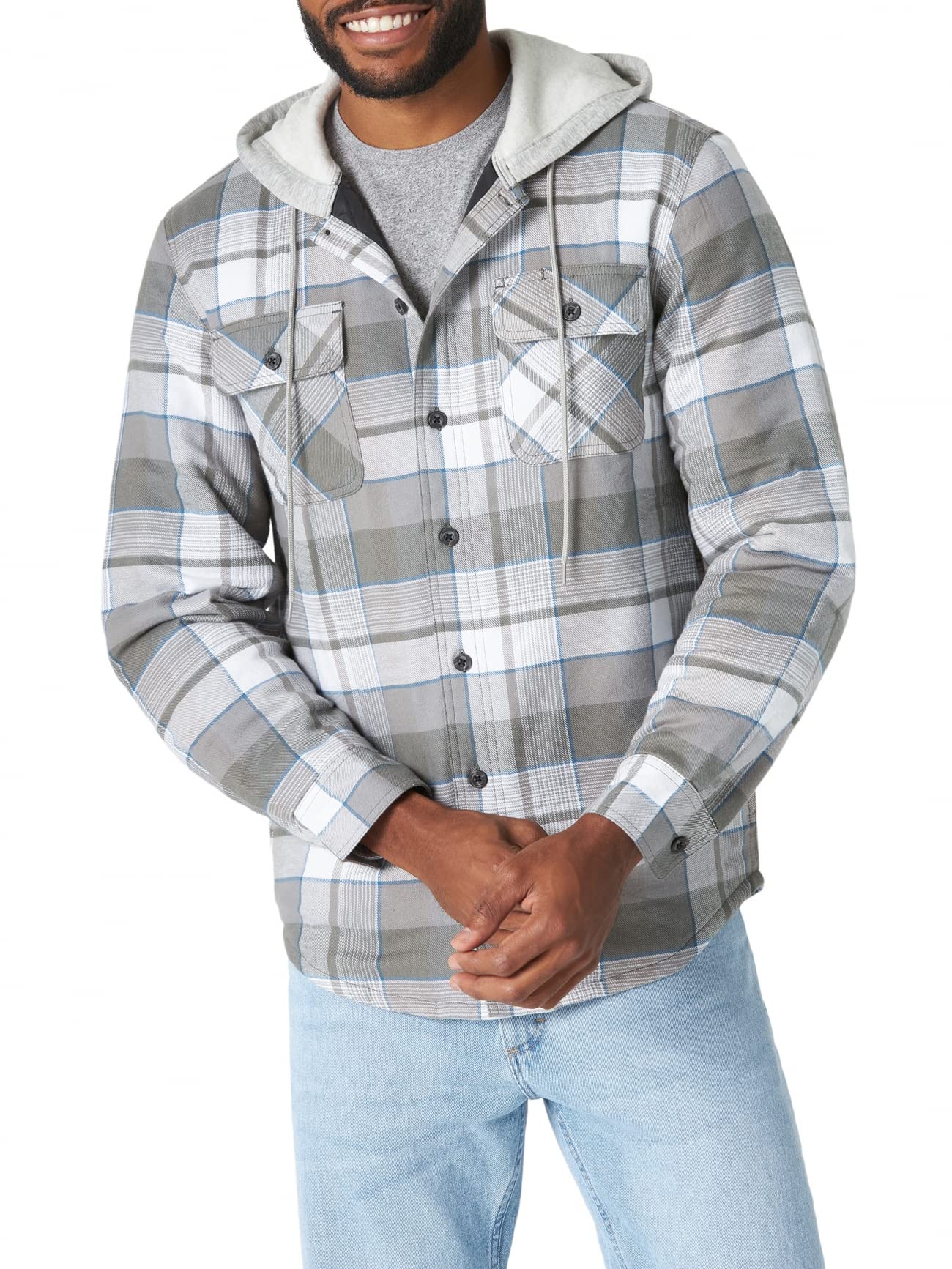 Wrangler Authentics Men's Long Sleeve Quilted Lined Flannel Shirt Jacket with Hood, Gray, Large