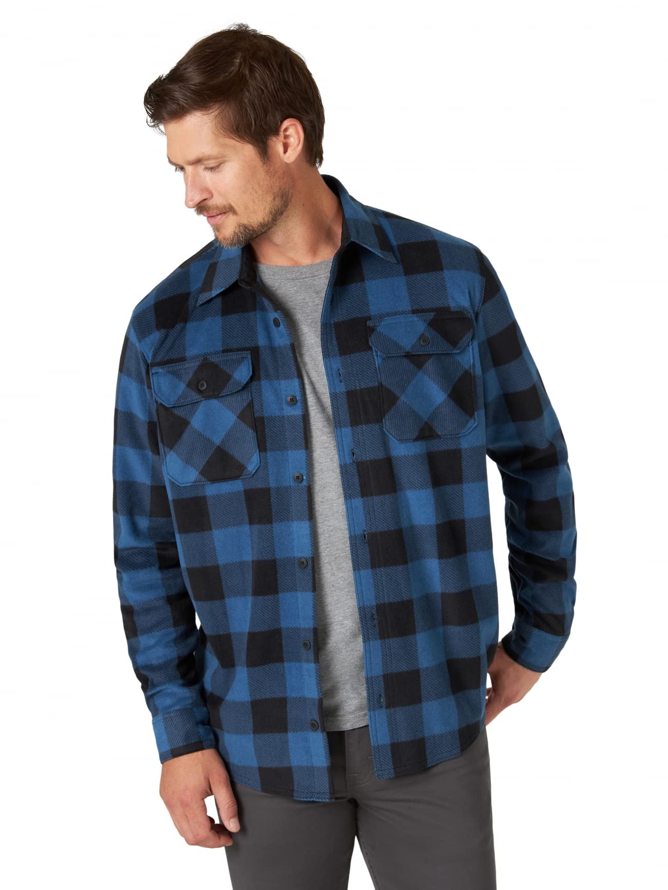 Wrangler Authentics Men's Long Sleeve Heavyweight Fleece Shirt, Blue Buffalo Plaid, X-Large Tall