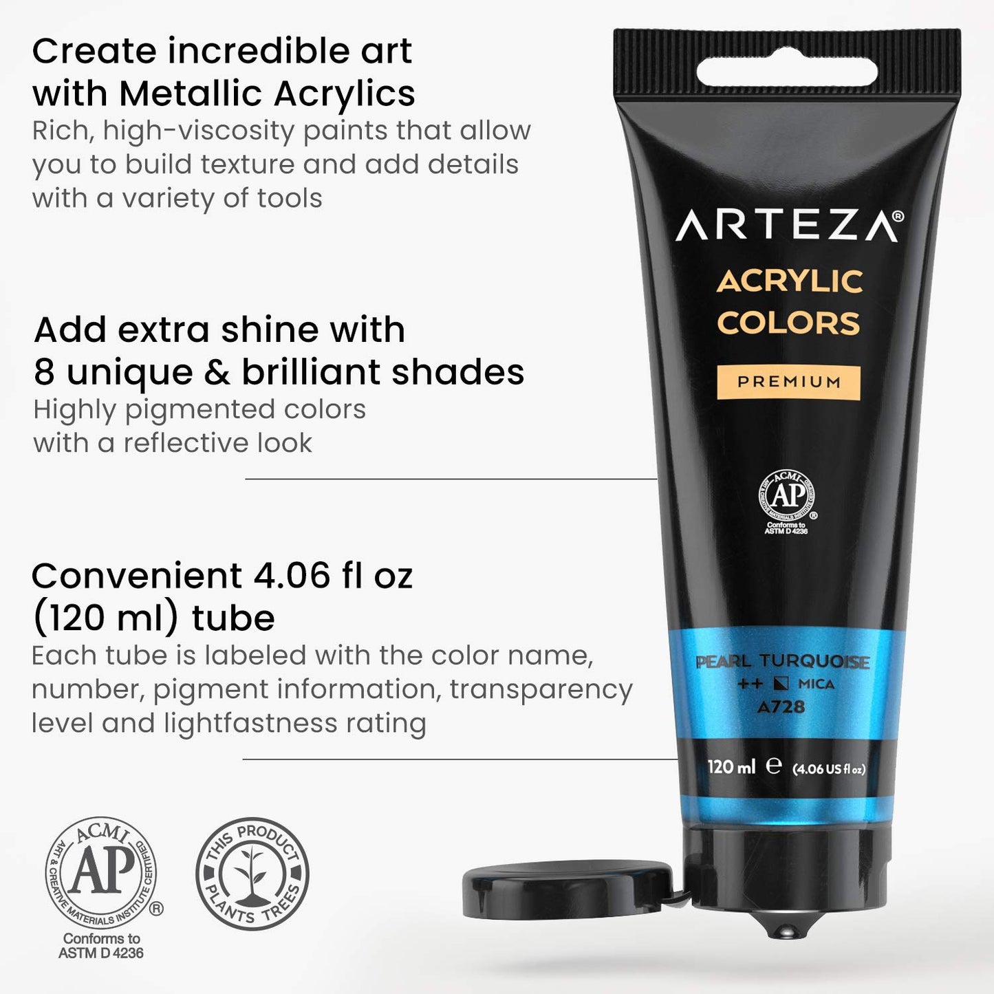 Arteza Metallic Acrylic Paint, Classic Elements, 4oz Tubes - Set of 8