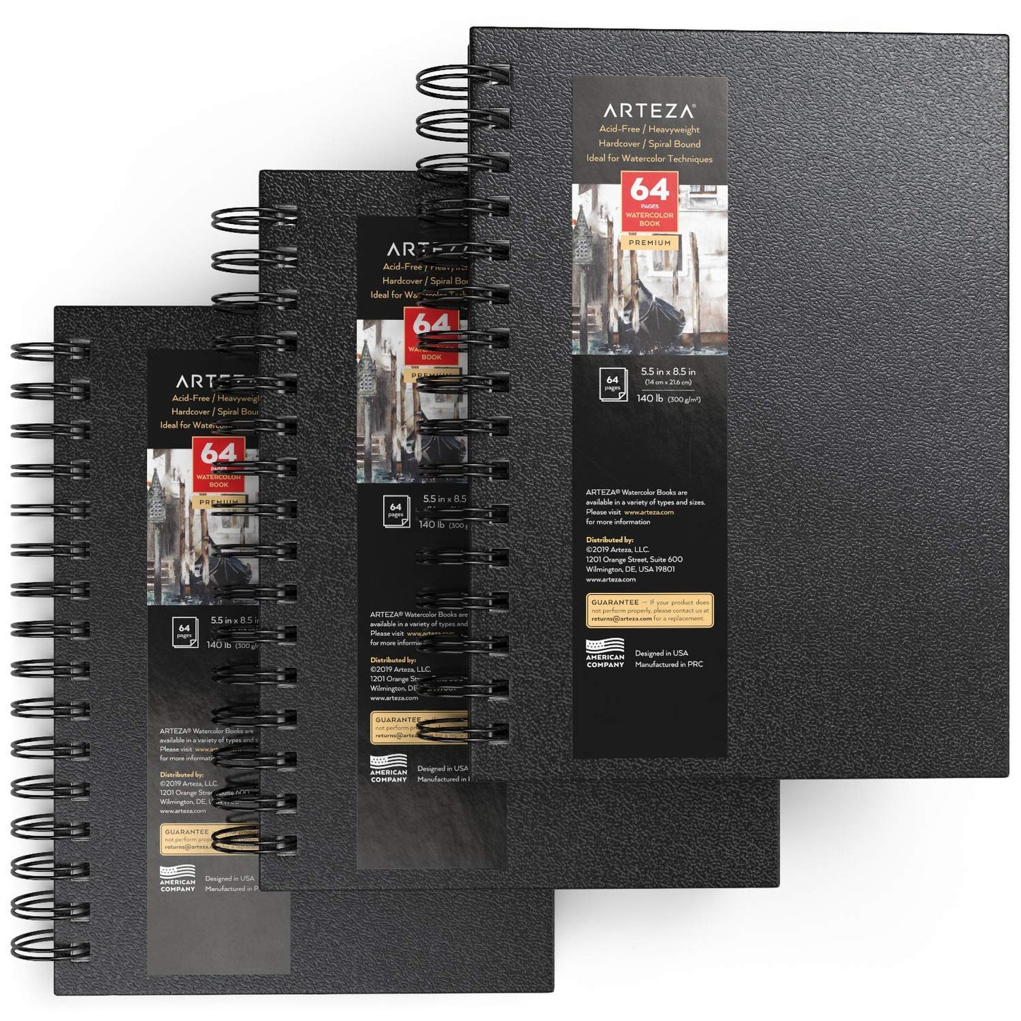 Arteza Watercolor Book, Spiral-Bound Black Hardcover, 5.5" x 8.5", 64 Pages - Pack of 3