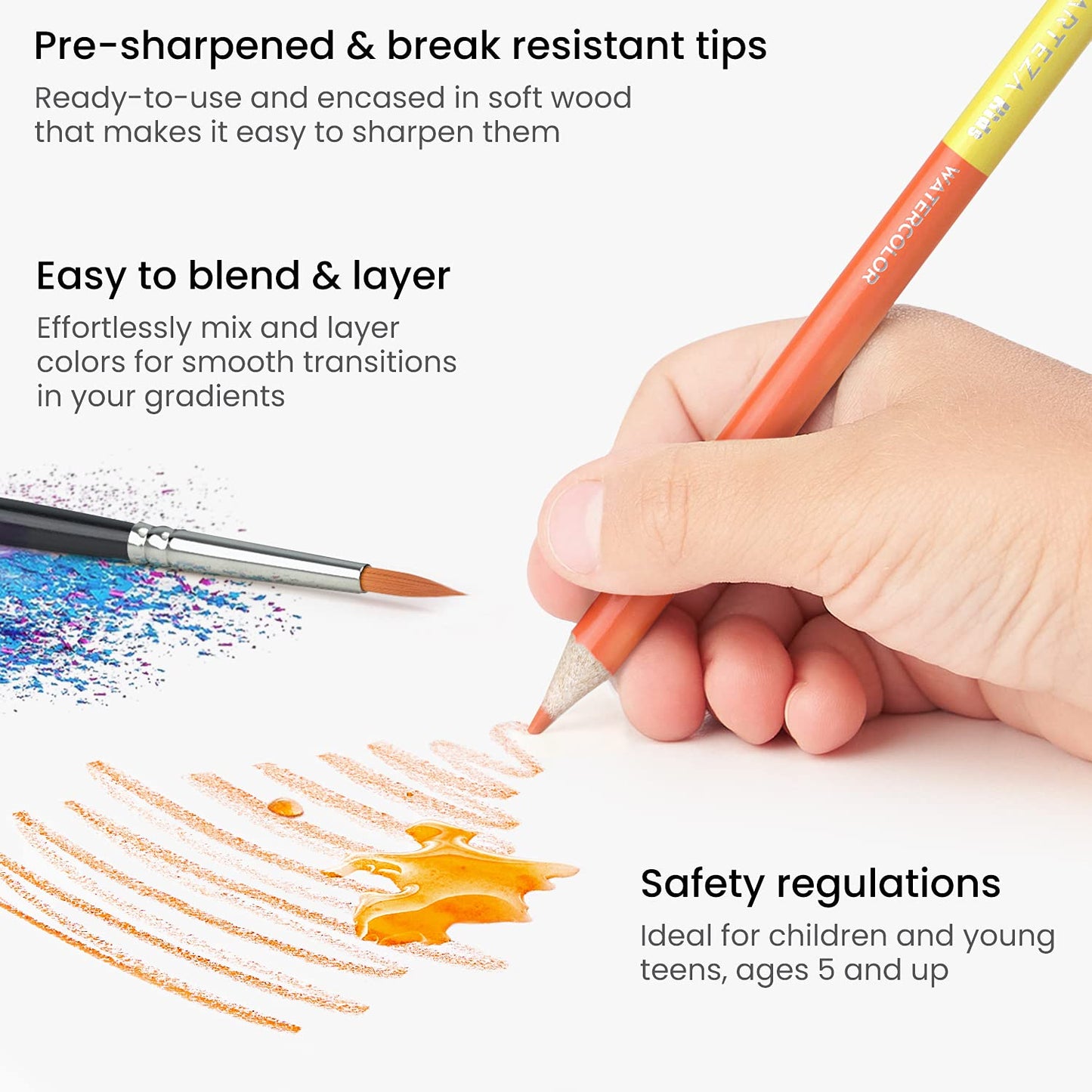 Arteza Kids Watercolor Pencils with Watercolor Brush, Double Sided -Set of 50