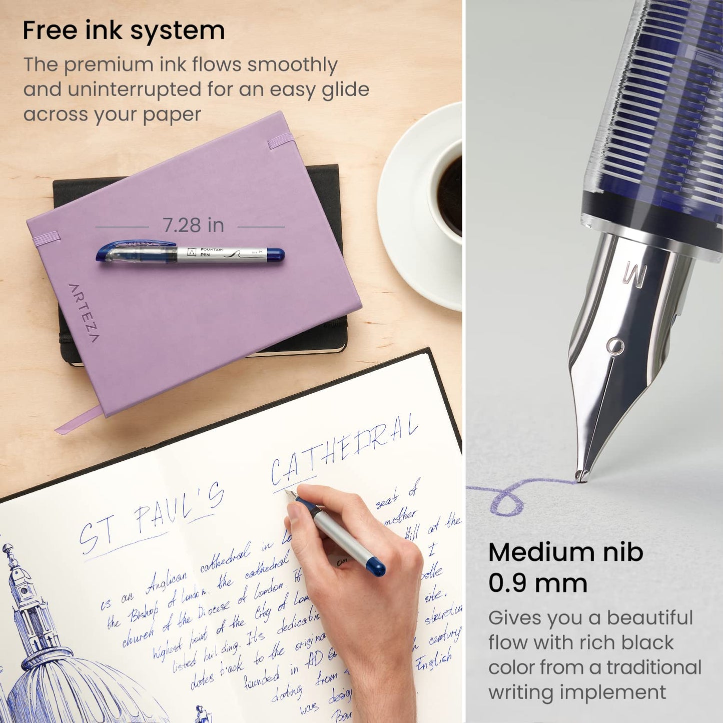 Arteza Fountain Pens, Blue, Medium Nib - 12 Pack