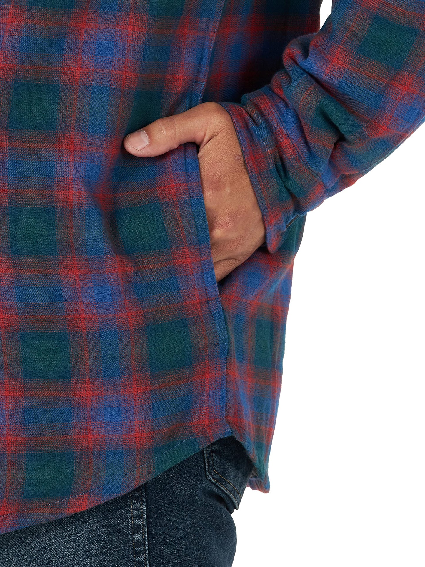 Wrangler Authentics Men's Long Sleeve Quilted Lined Flannel Shirt Jacket with Hood, Blue/Red, Medium