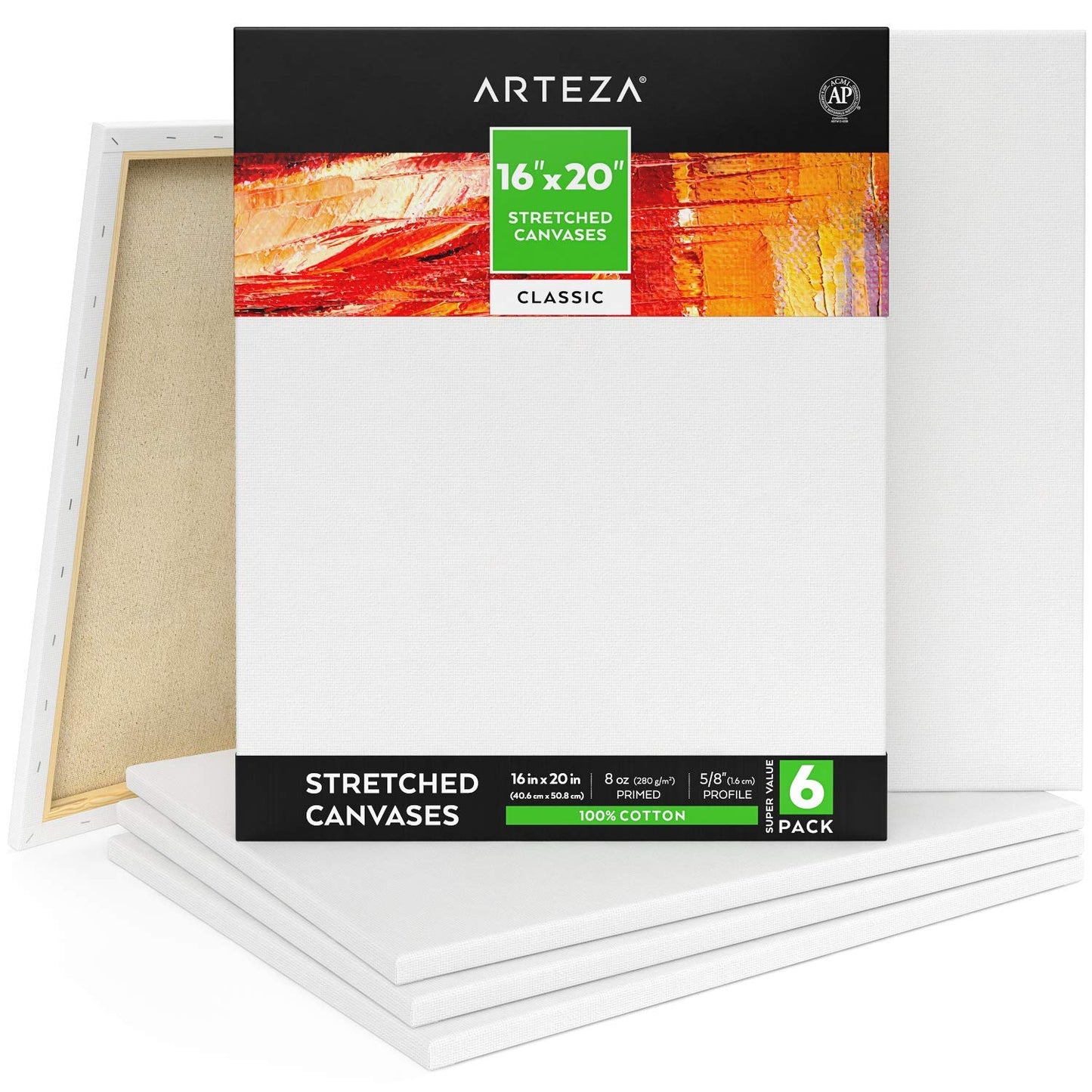 Arteza Classic Stretched Canvas, 16" x 20" - Pack of 6