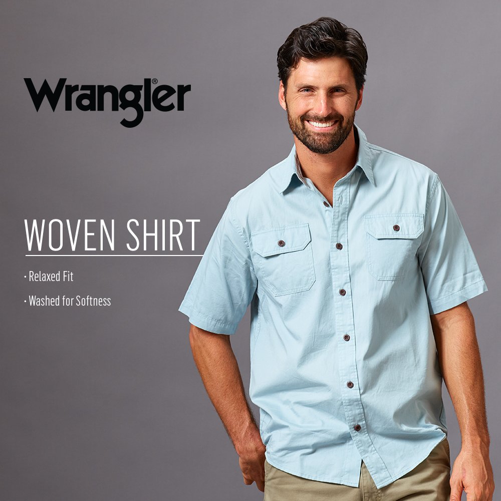 Wrangler Authentics mens Short Sleeve Classic Woven Button Down Shirt, Mid Wash, Medium US