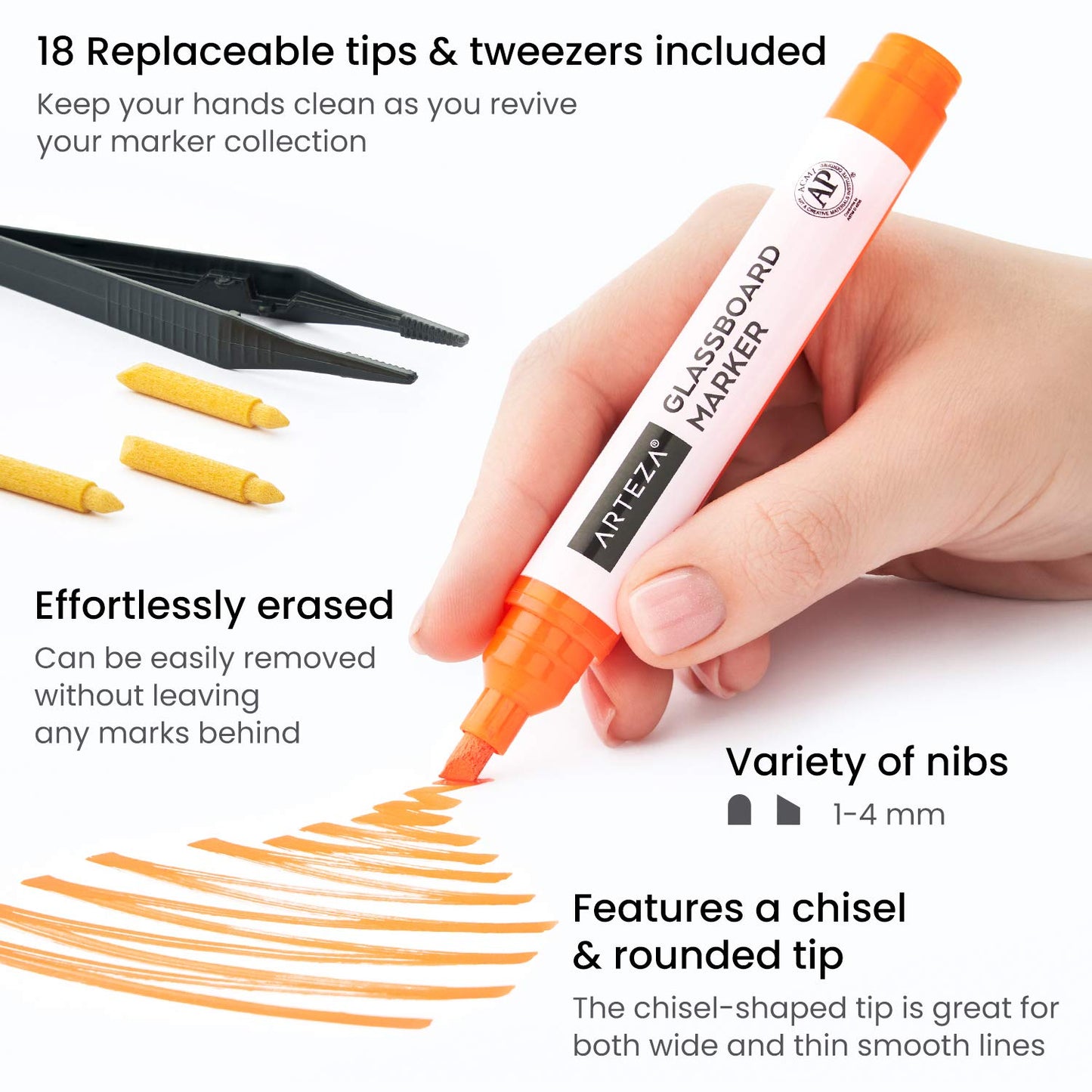 Arteza Glassboard Markers, Classic & Neon Colors - Set of 18