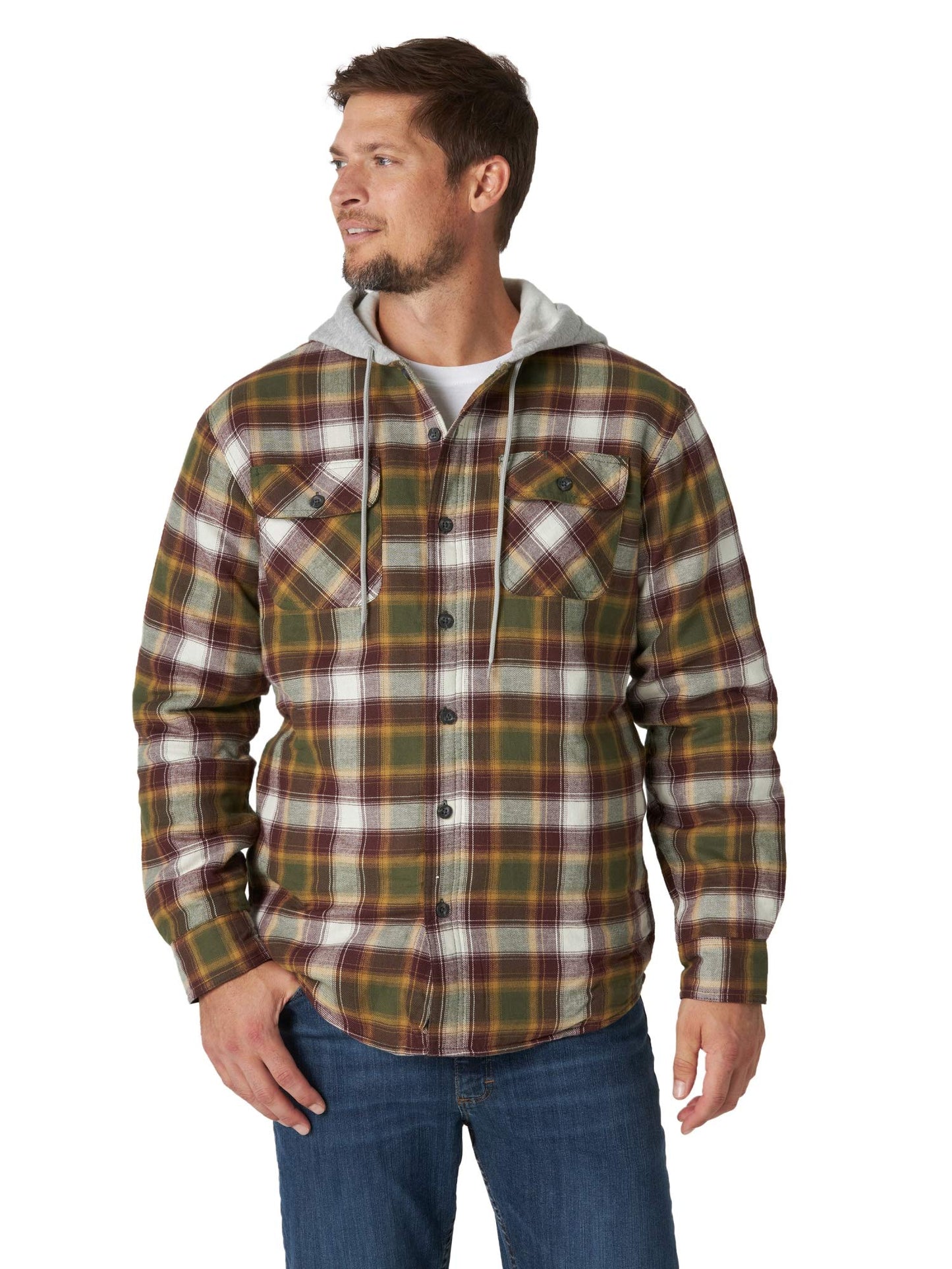 Wrangler Authentics Men's Long Sleeve Quilted Lined Flannel Shirt Jacket with Hood, Olive Night, Small